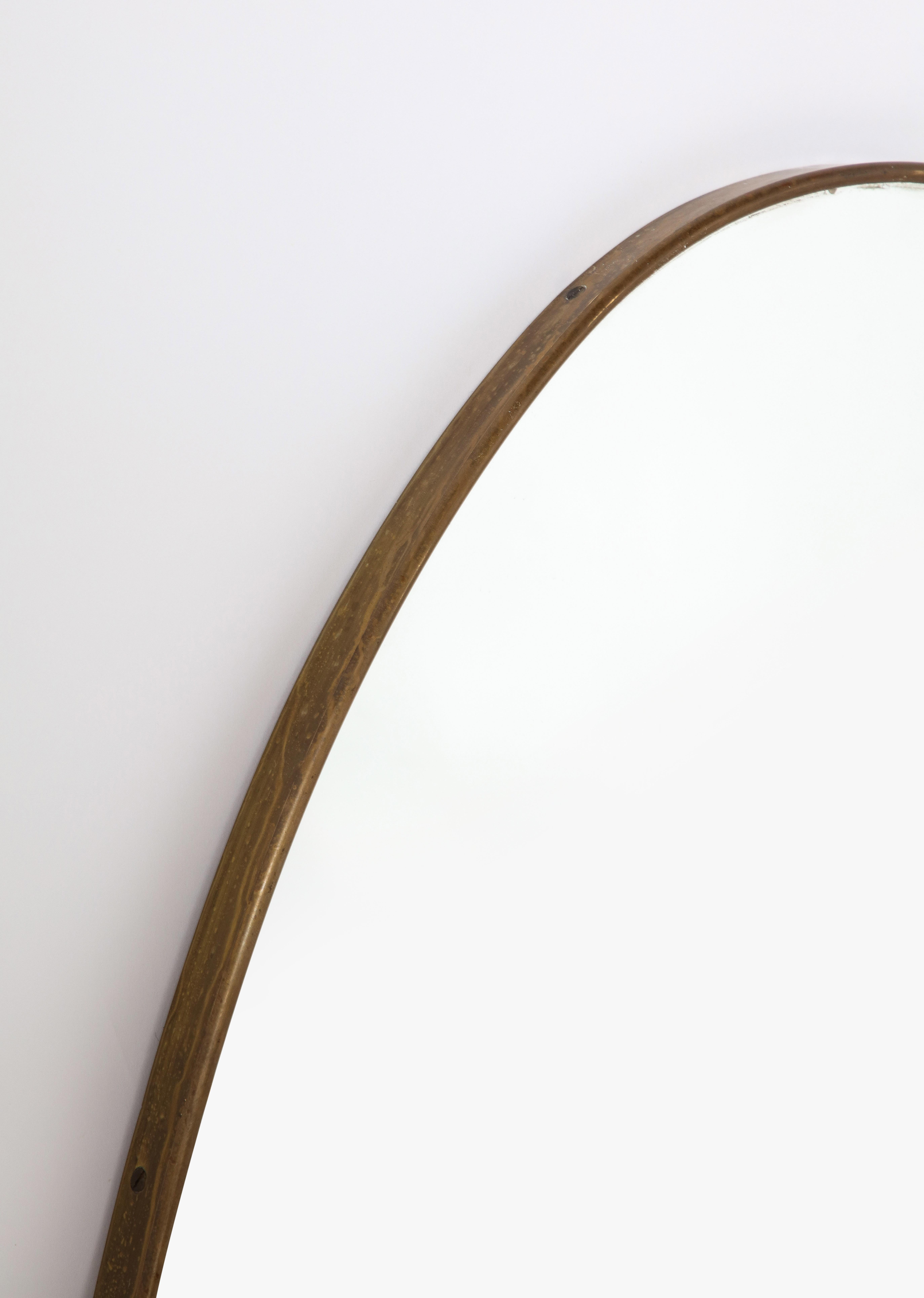 Mid-Century Modern Italian Modernist Brass Oval Grand Scale Wall Mirror, Italy, circa 1950 For Sale