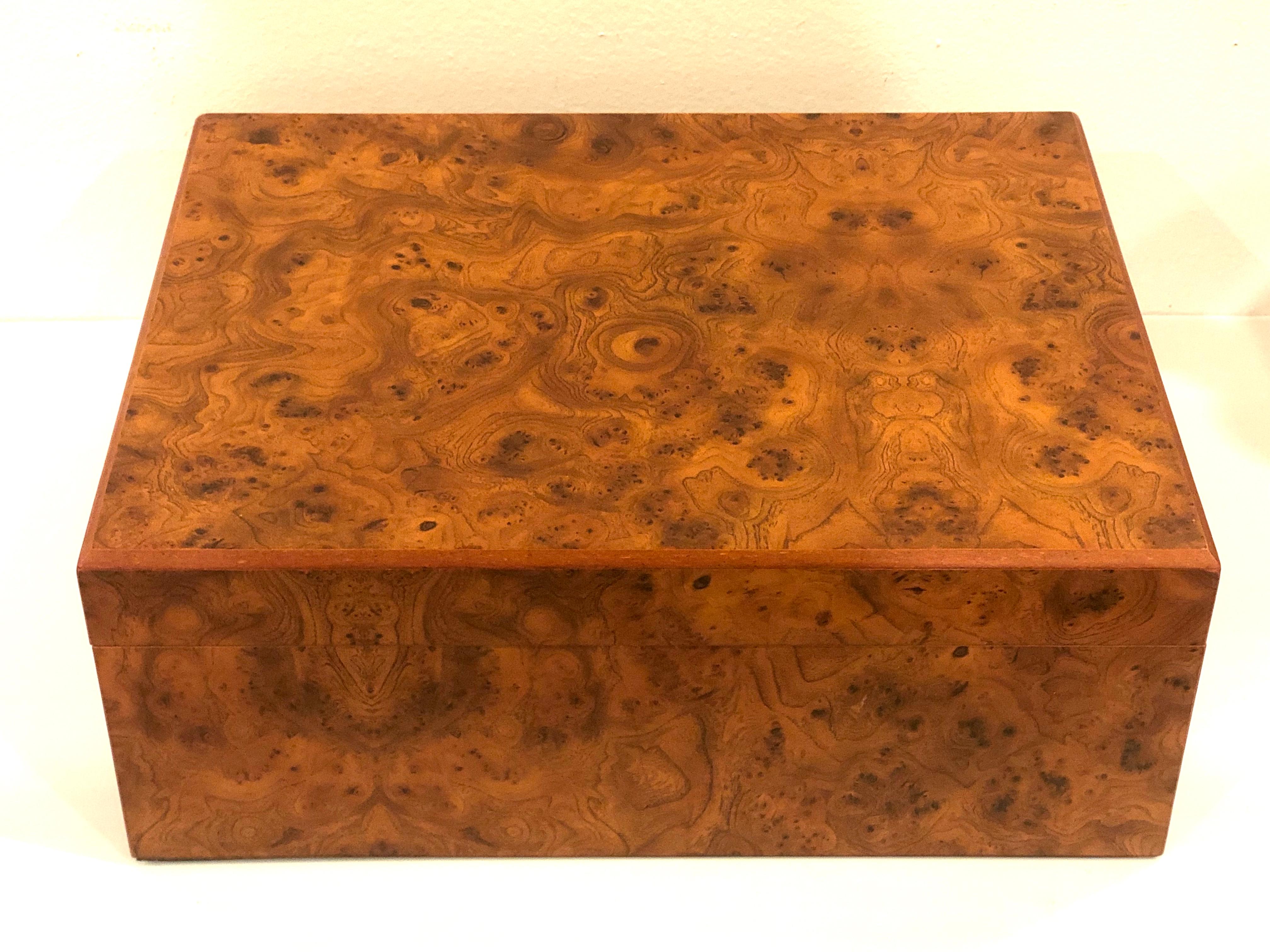 Beautiful burl wood finish Italian cigar box circa 1980s wood interior and leather base with made in Italy decal.