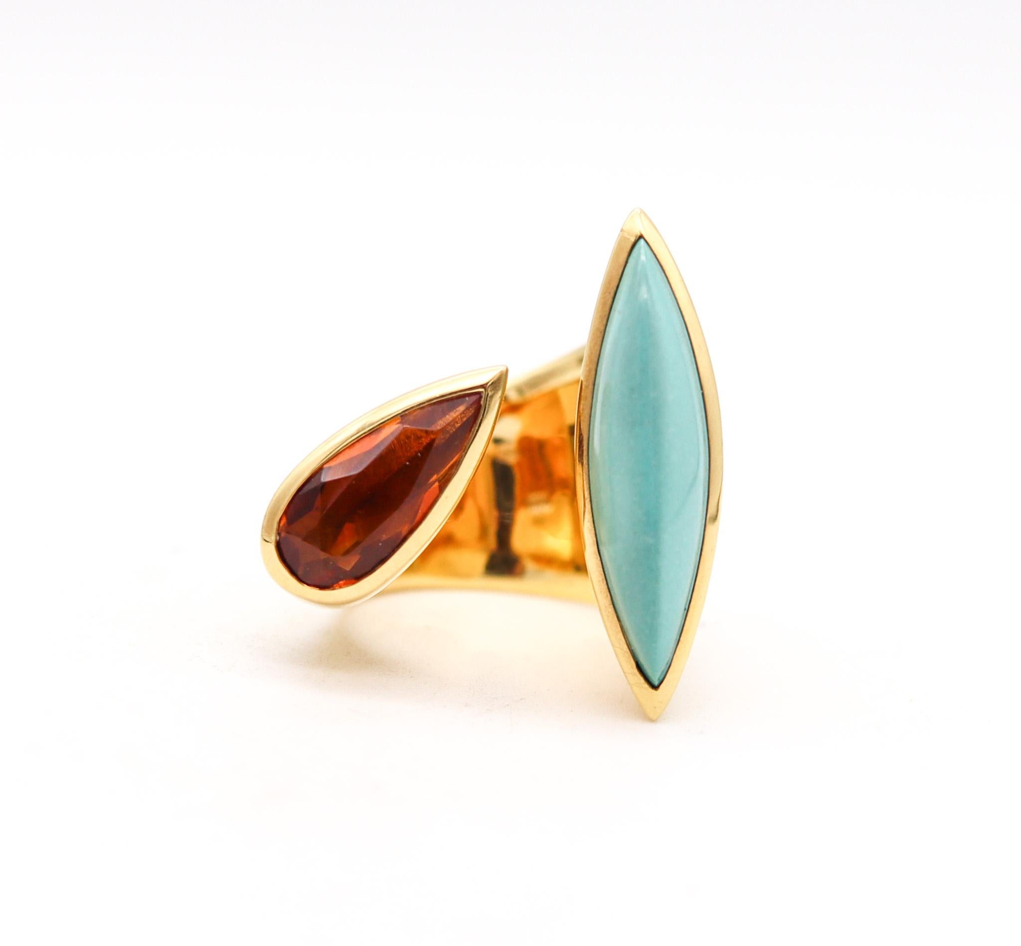 Cabochon Italian Modernist Bypass Ring In 18Kt Yellow Gold 8.14 Ctw Turquoise And Citrine For Sale