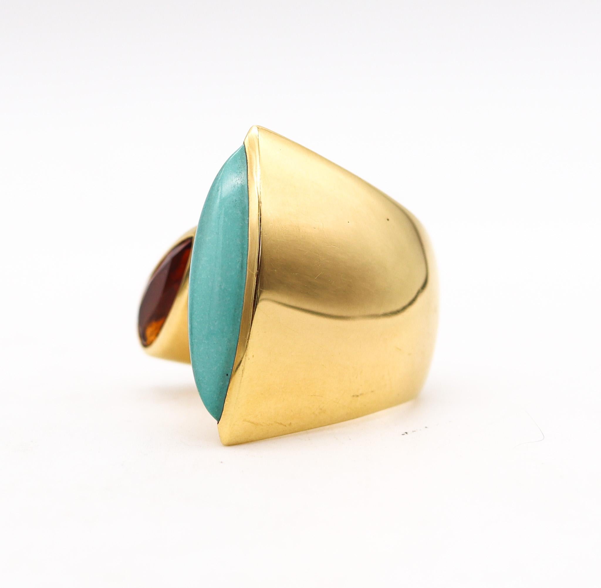Italian Modernist Bypass Ring In 18Kt Yellow Gold 8.14 Ctw Turquoise And Citrine In Excellent Condition For Sale In Miami, FL