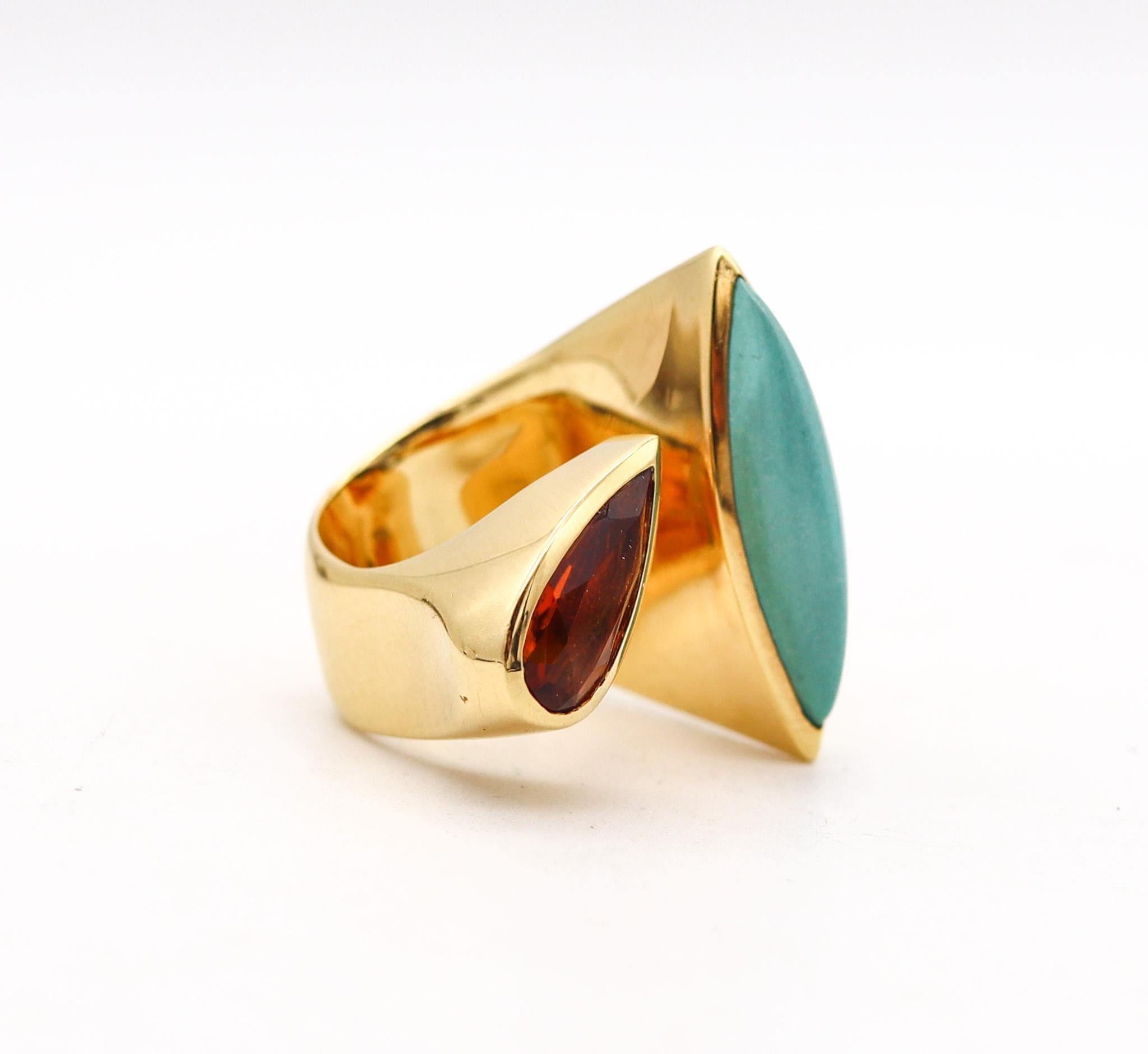 Women's Italian Modernist Bypass Ring In 18Kt Yellow Gold 8.14 Ctw Turquoise And Citrine For Sale