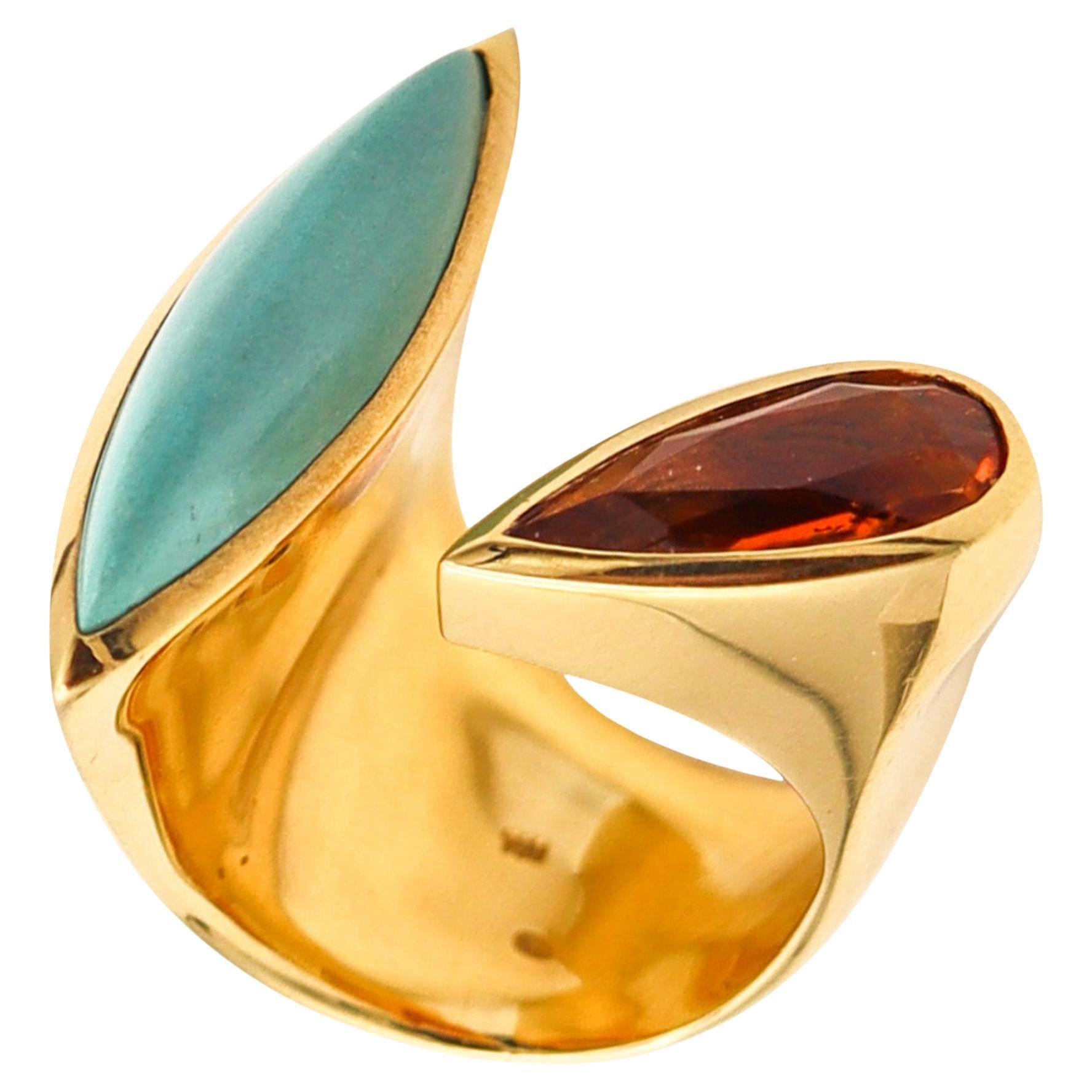 Italian Modernist Bypass Ring In 18Kt Yellow Gold 8.14 Ctw Turquoise And Citrine For Sale