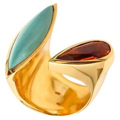 Italian Modernist Bypass Ring In 18Kt Yellow Gold 8.14 Ctw Turquoise And Citrine