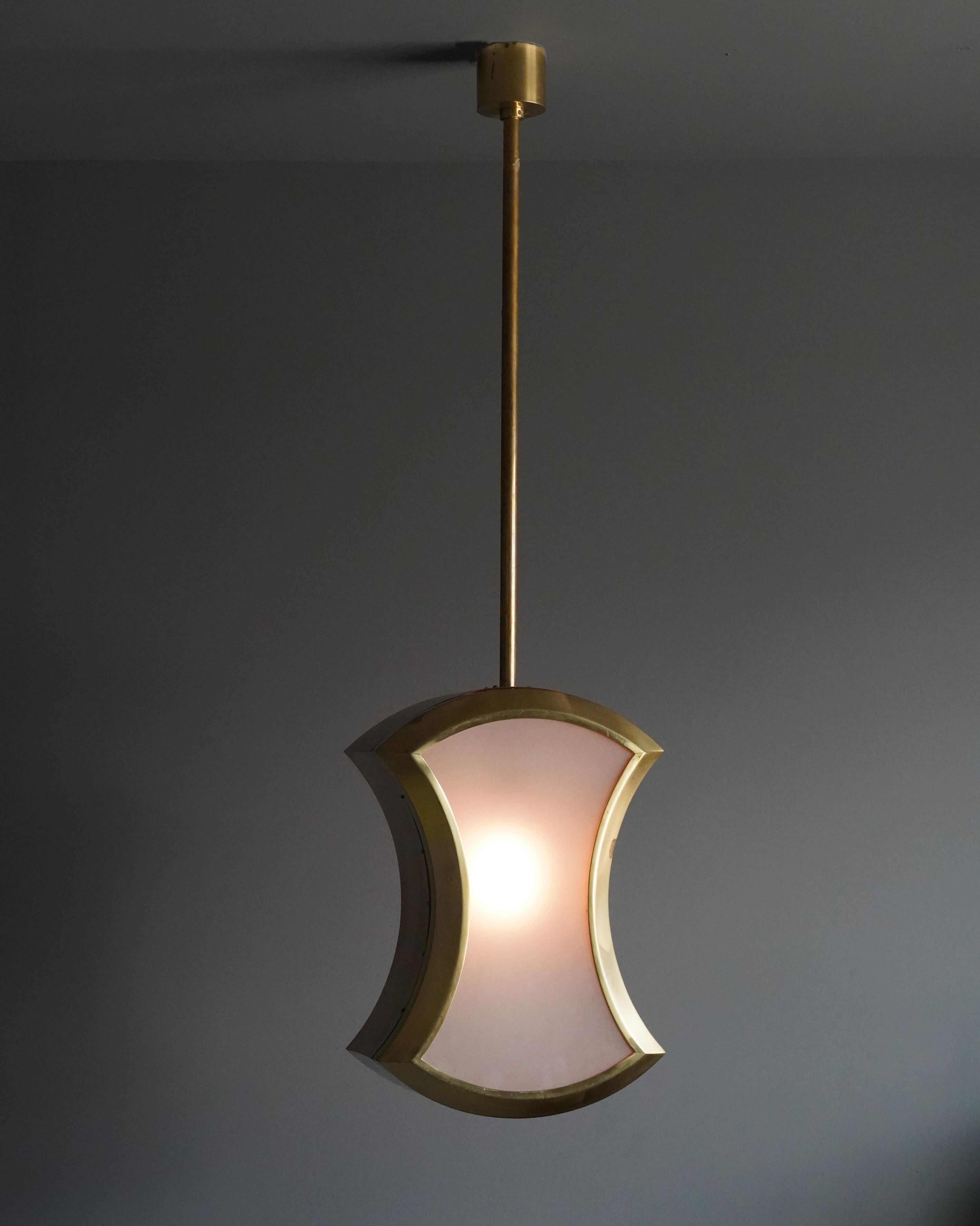 A ceiling lamp / light / pendant. Executed in brass with original fogged glass.

Other designers/makers of the period include Max Ingrand, Angelo Lelii, Fontana Arte, Stillovo and Gino Sarfatti.