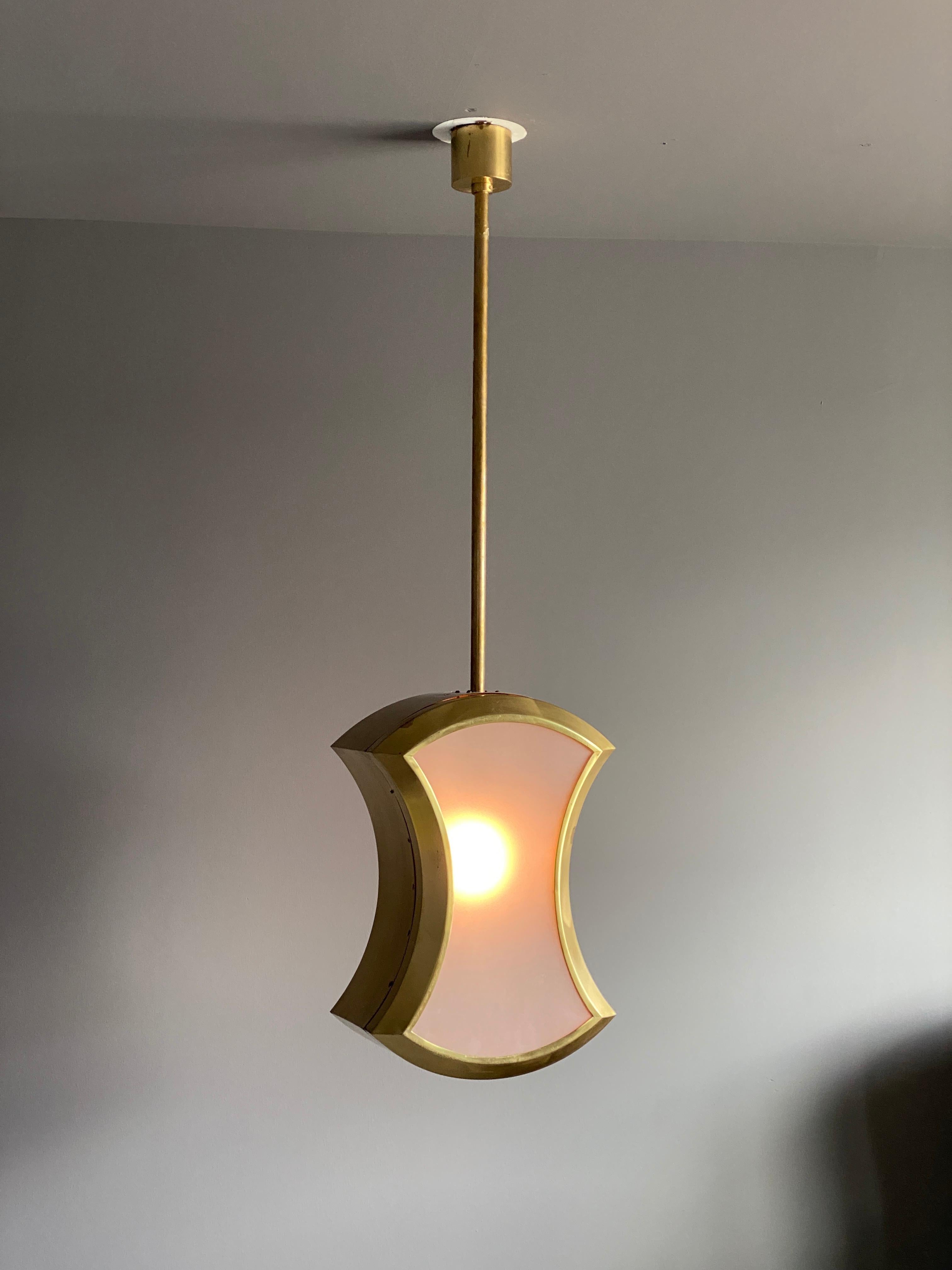 Mid-Century Modern Italian, Modernist Ceiling Light / Pendant, Brass, Fogged Glass, Italy, 1950s