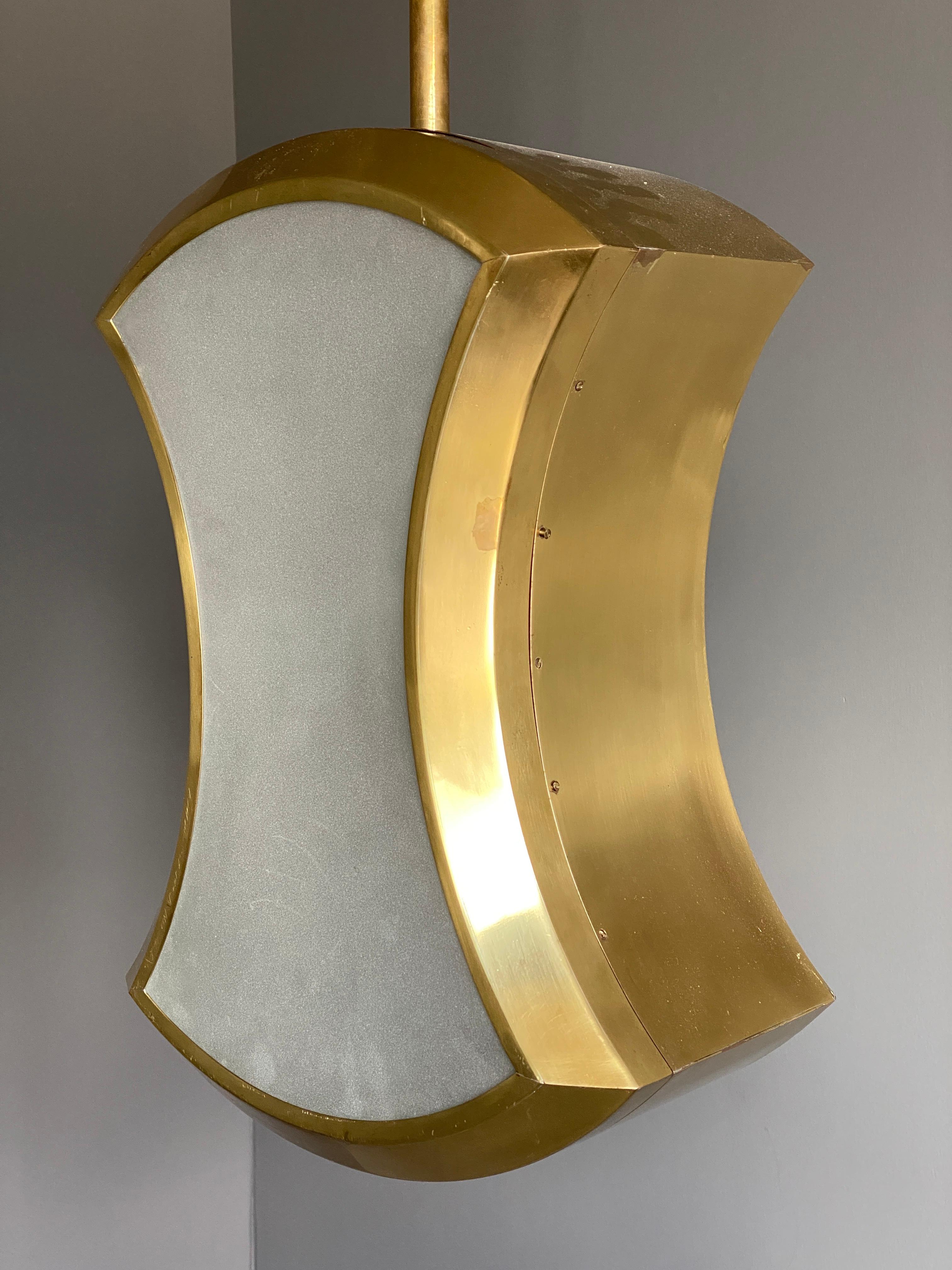 Italian, Modernist Ceiling Light / Pendant, Brass, Fogged Glass, Italy, 1950s 4