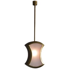 Italian, Modernist Ceiling Light / Pendant, Brass, Fogged Glass, Italy, 1950s