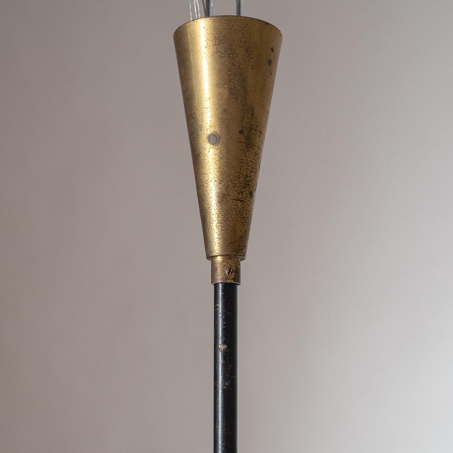 Italian Modernist Chandelier, 1950s, Brass, Satin Glass and Teak For Sale 7