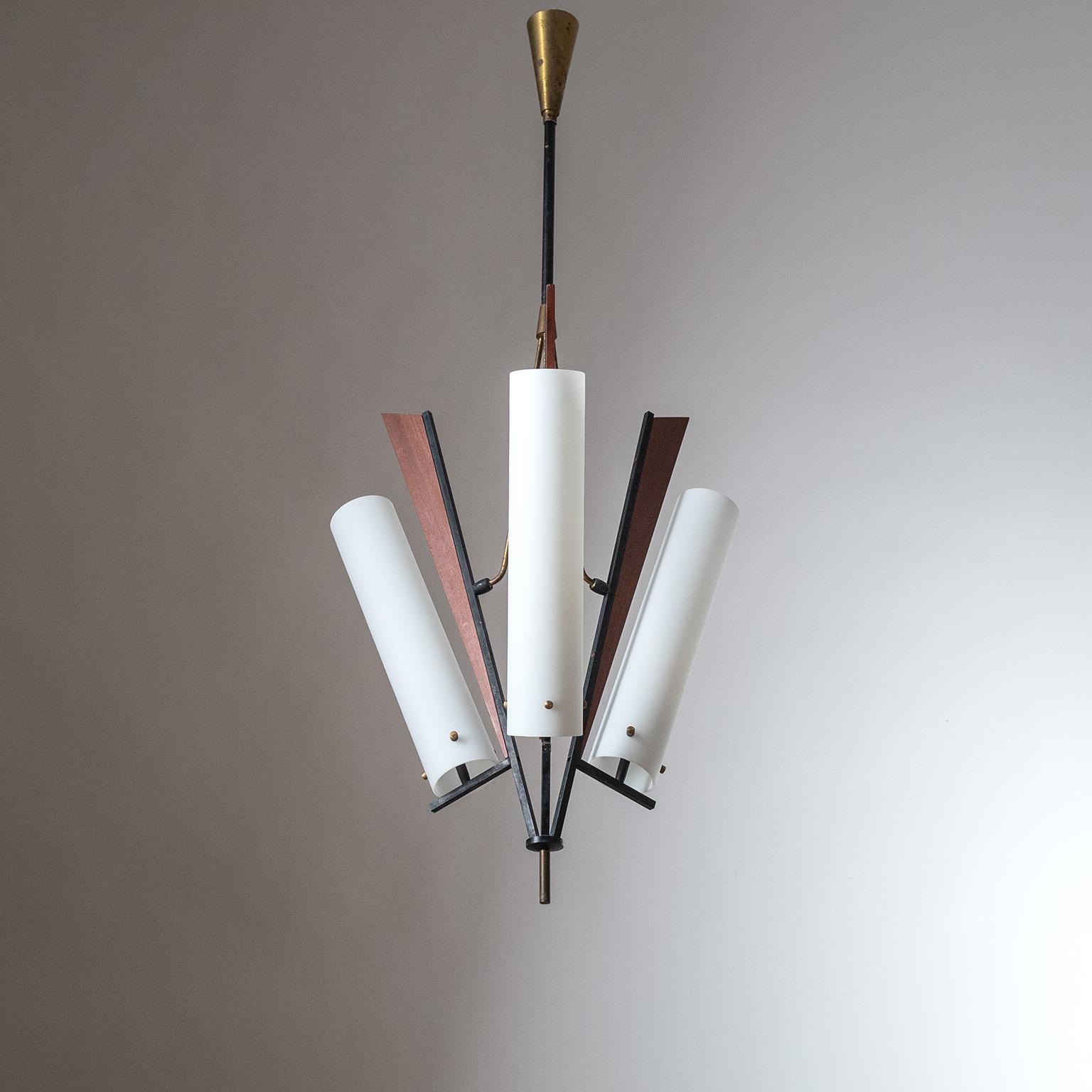 Italian Modernist Chandelier, 1950s, Brass, Satin Glass and Teak For Sale 11