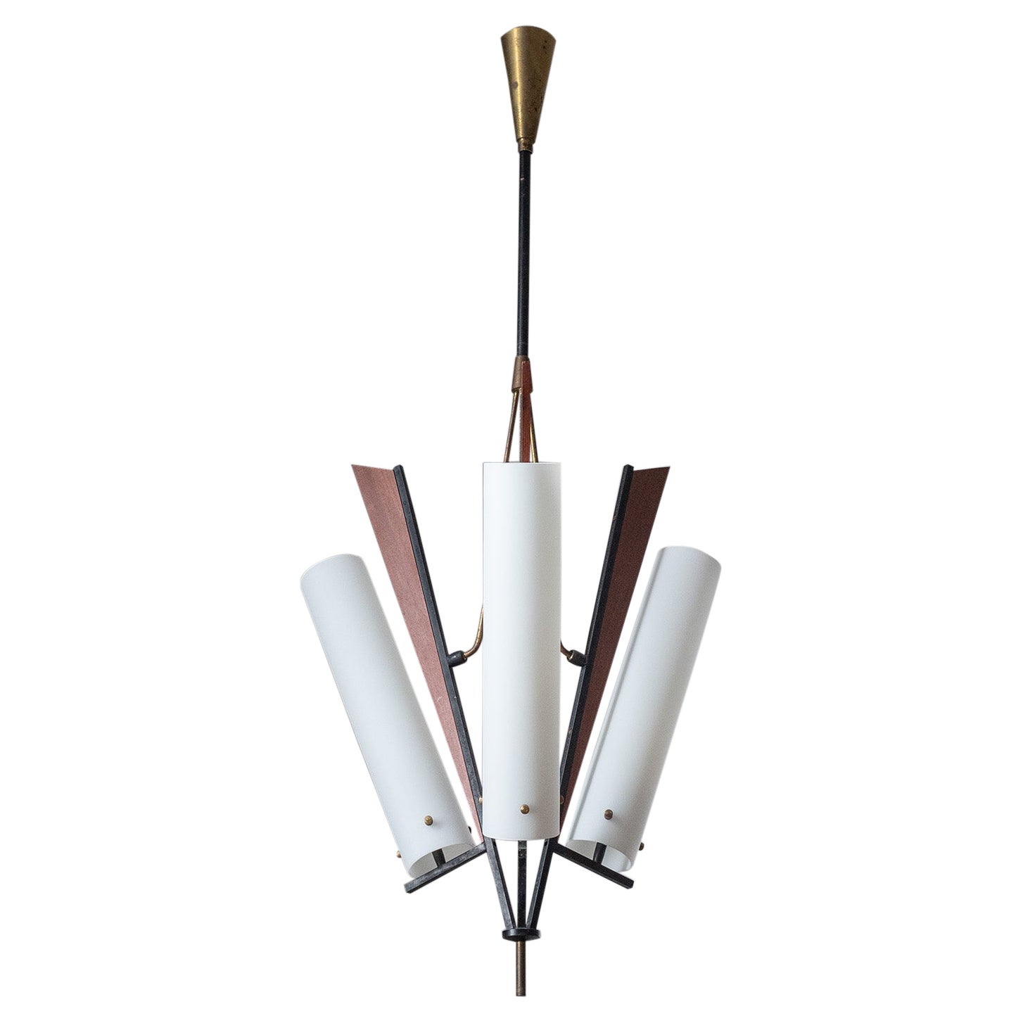 Lampadario modernista italiano, anni '50, ottone, vetro satinato e teak