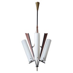 Lampadario modernista italiano, anni '50, ottone, vetro satinato e teak