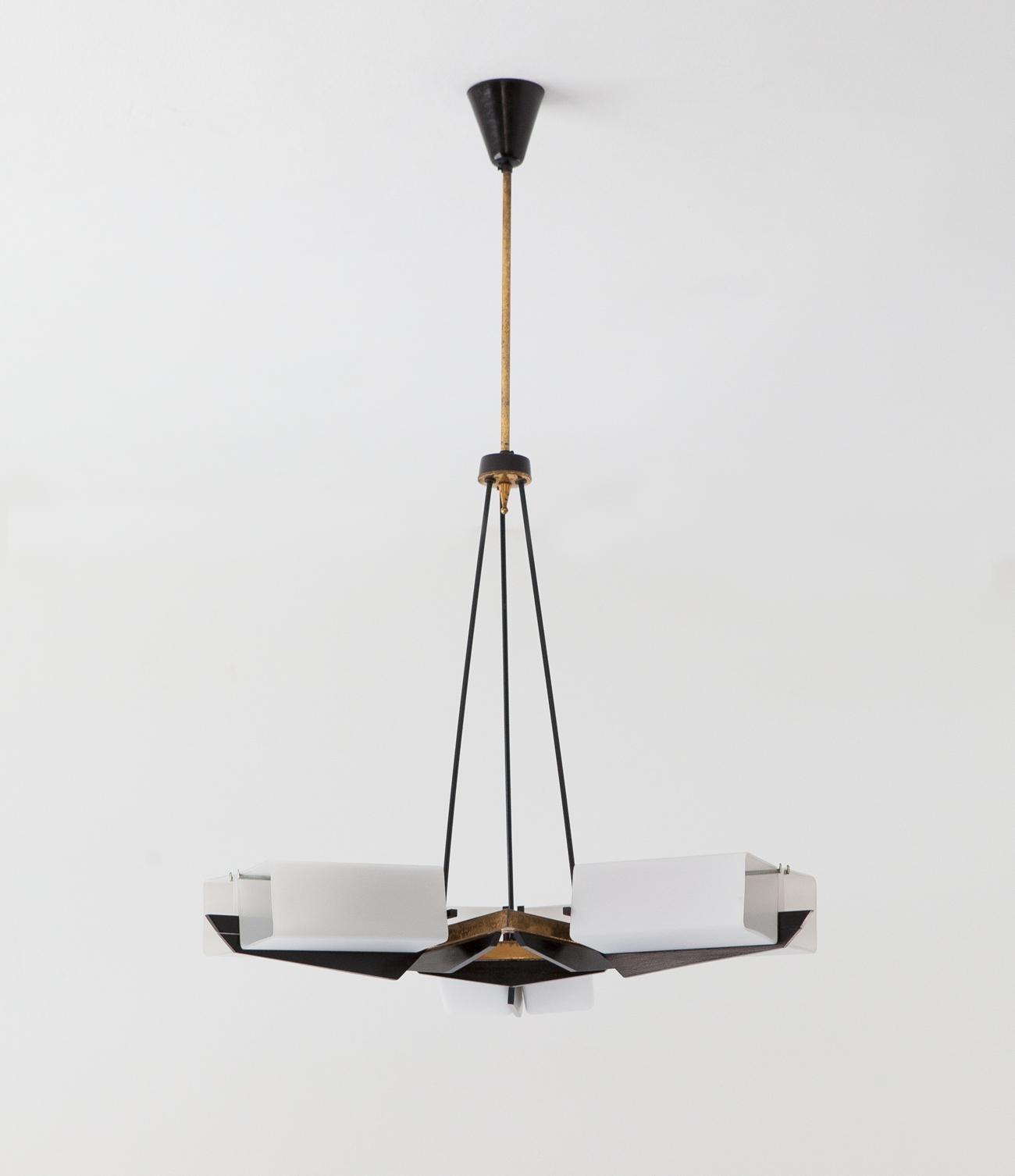 Italian Modernist Chandelier by Stilnovo in Brass and Opaline Glass, 1950s 2