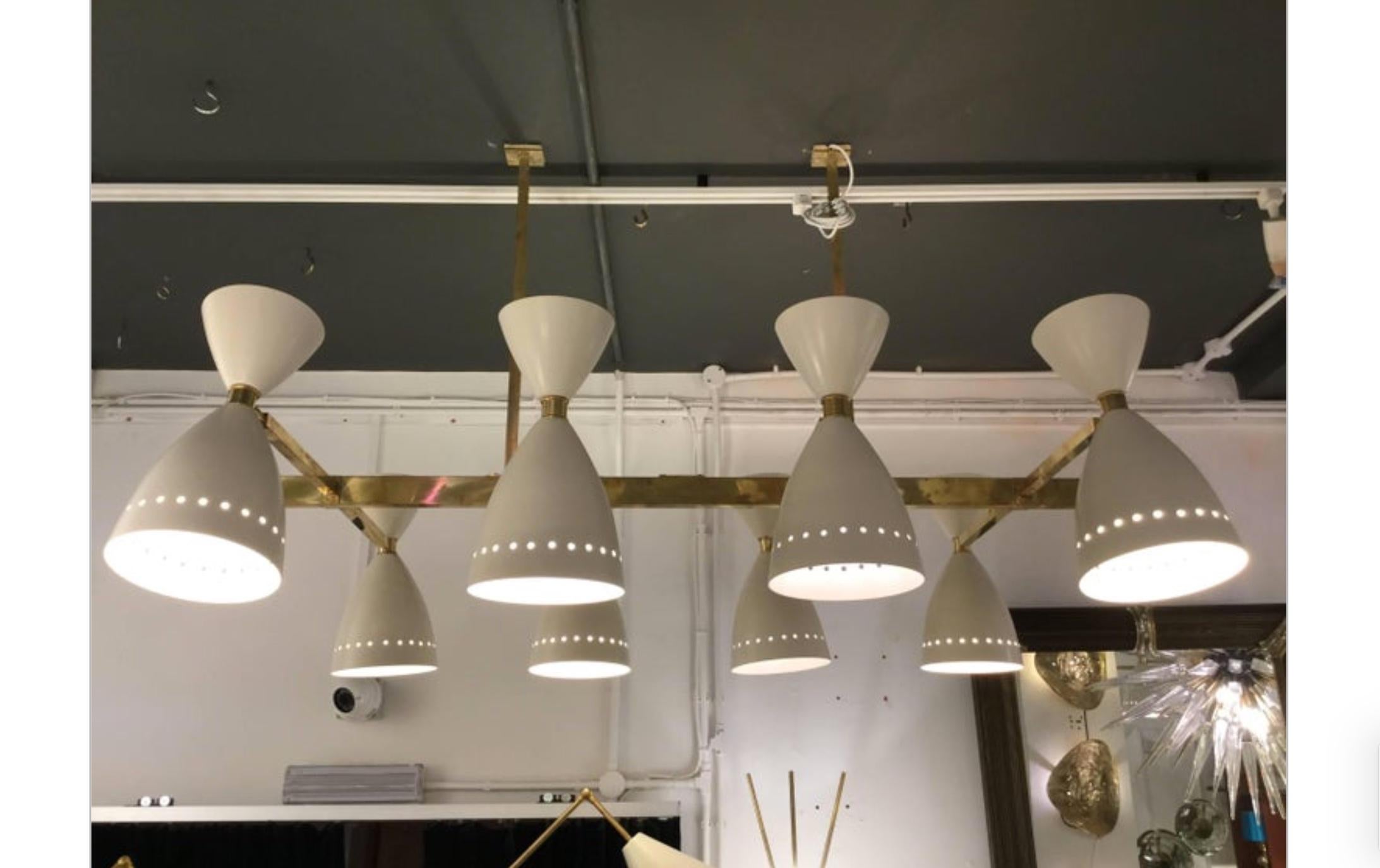 Italian Modernist Chandelier in Brass with Ivory Shades For Sale 6