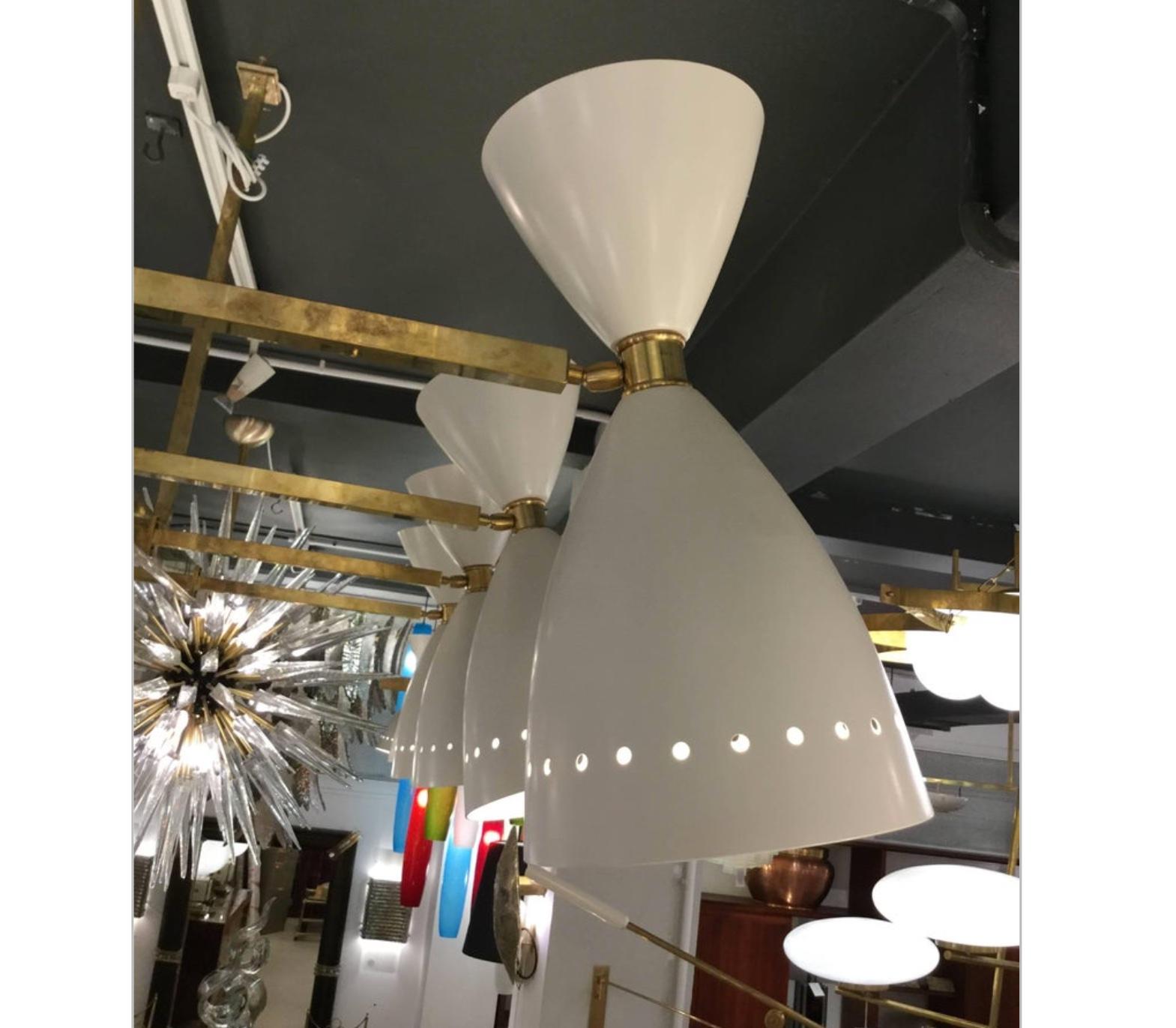 Italian Modernist Chandelier in Brass with Ivory Shades For Sale 4