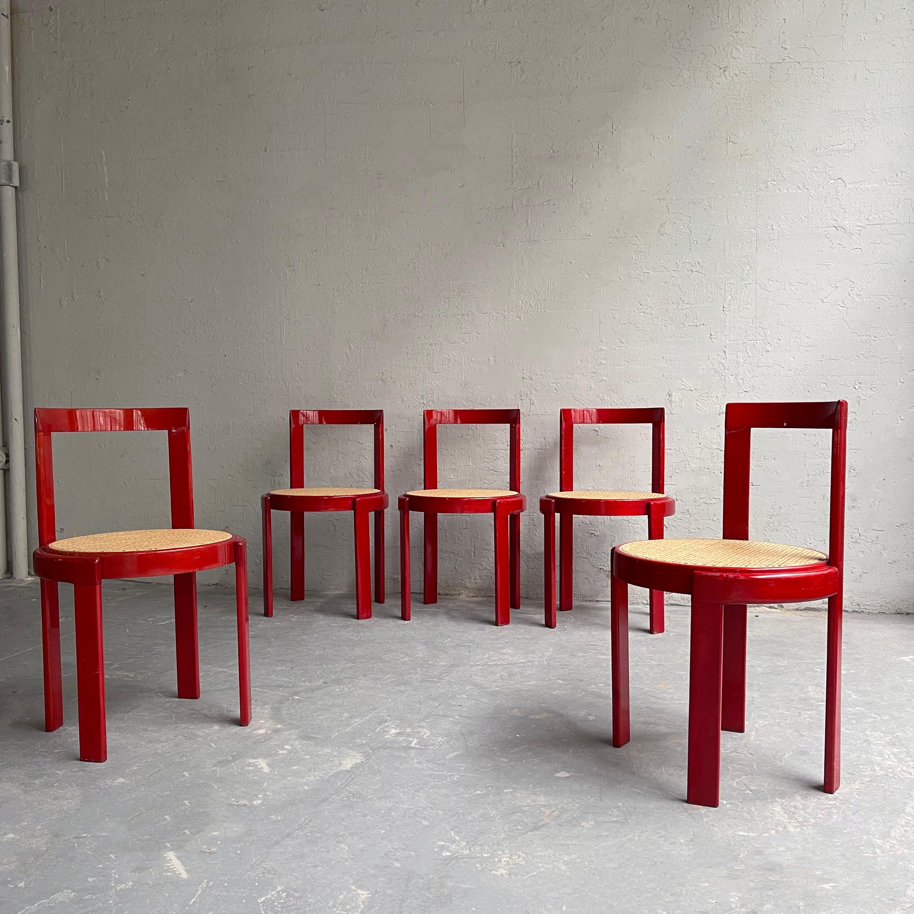 Postmoderne Chaises de salle à manger circulaires en bois de roseau et canne, jeu de 6 - Italie - Modernisme en vente