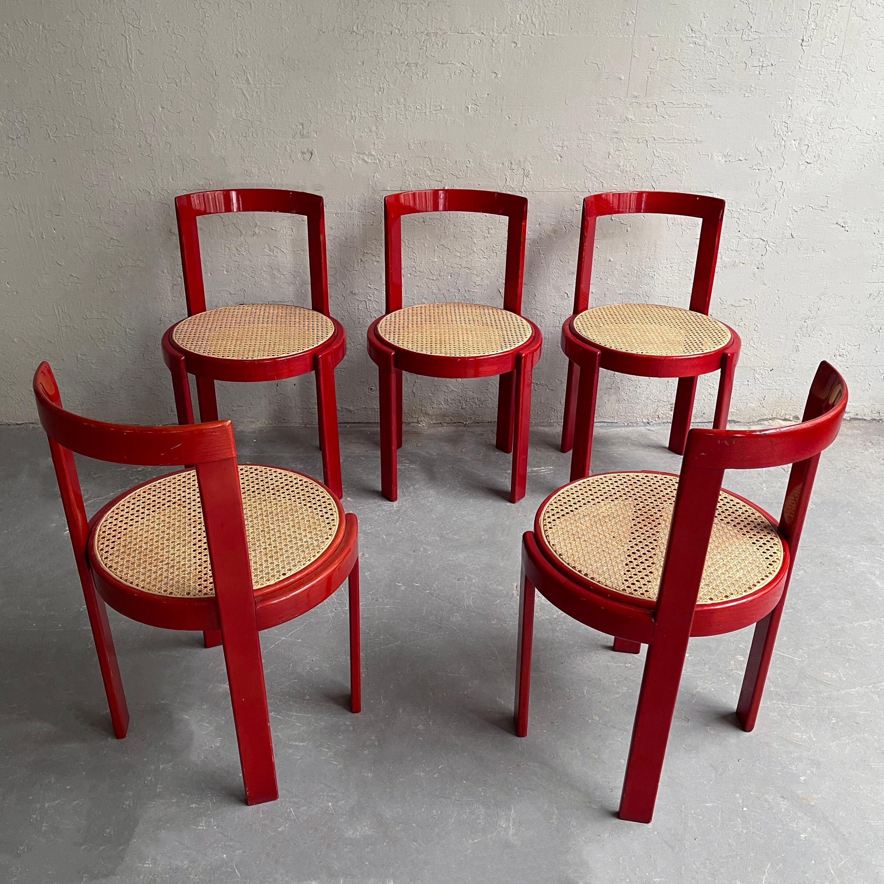 20th Century Italian Modernist Circular Bentwood And Cane Dining Chairs Set Of 6 For Sale