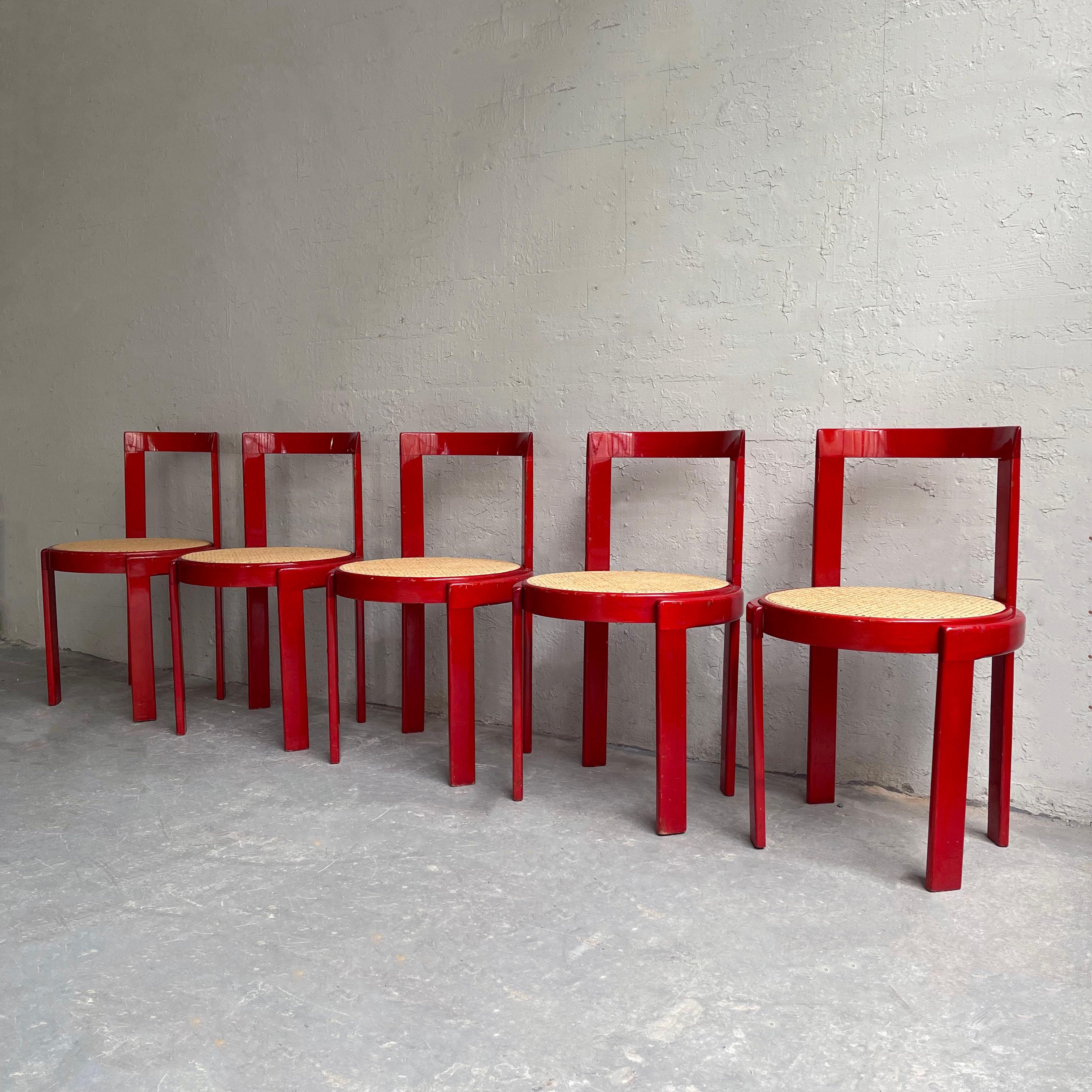 Canne Chaises de salle à manger circulaires en bois de roseau et canne, jeu de 6 - Italie - Modernisme en vente