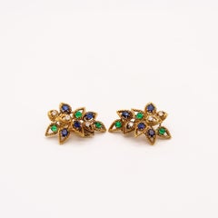 Italienisch Modernist Clips Ohrringe In 18Kt Gold 5,68 Ctw Diamanten Saphir Smaragd