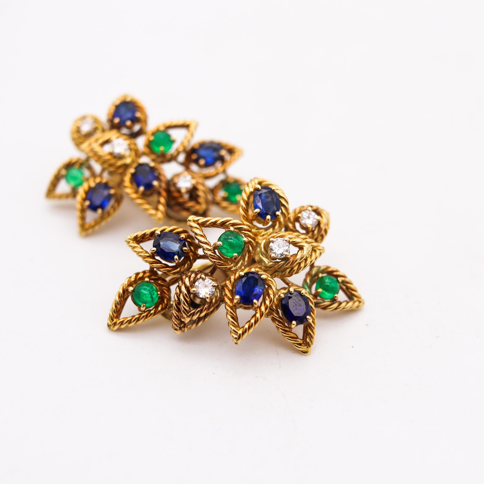 Brilliant Cut Italian Modernist Clips Earrings In 18Kt Gold 5.68 Ctw Diamonds Sapphire Emerald For Sale