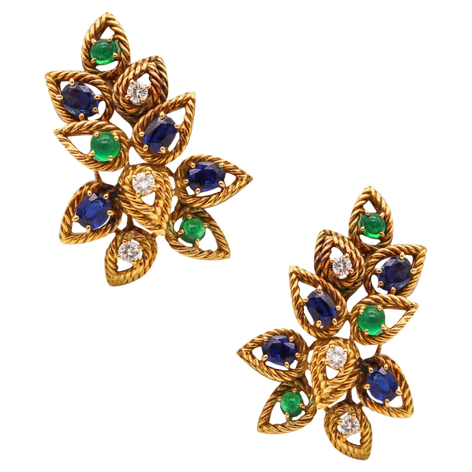 Italian Modernist Clips Earrings In 18Kt Gold 5.68 Ctw Diamonds Sapphire Emerald For Sale