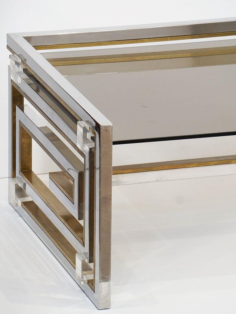 Italian Modernist Coffee Table of Brass, Chrome, and Smoked Glass by