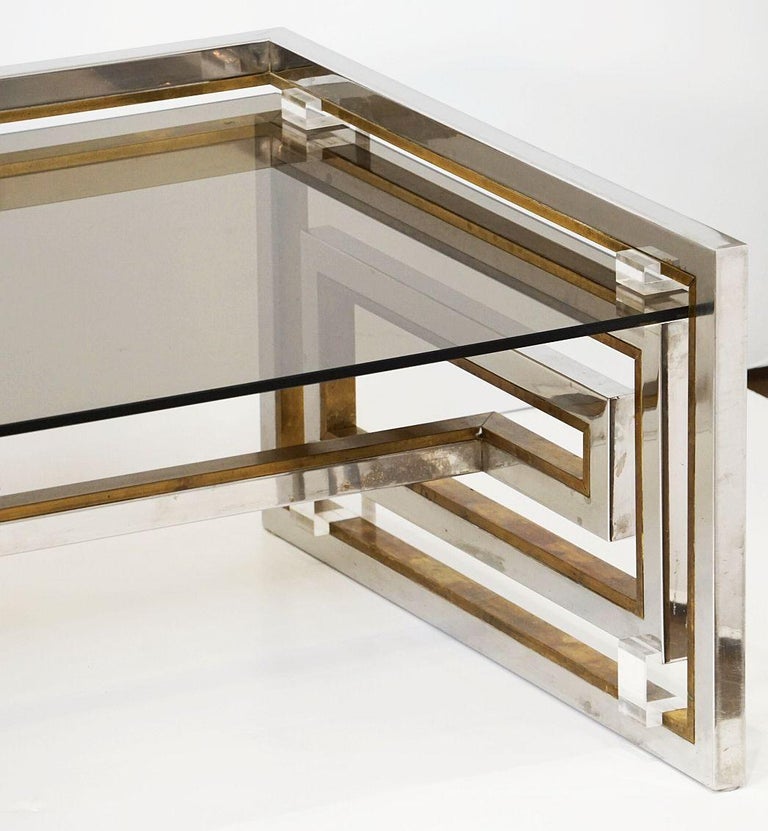 Italian Modernist Coffee Table of Brass, Chrome, and Smoked Glass by