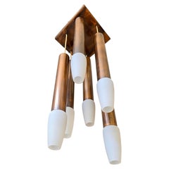 Italian Modernist Copper and Opaline Glass 6-Light Chandelier, 1960s