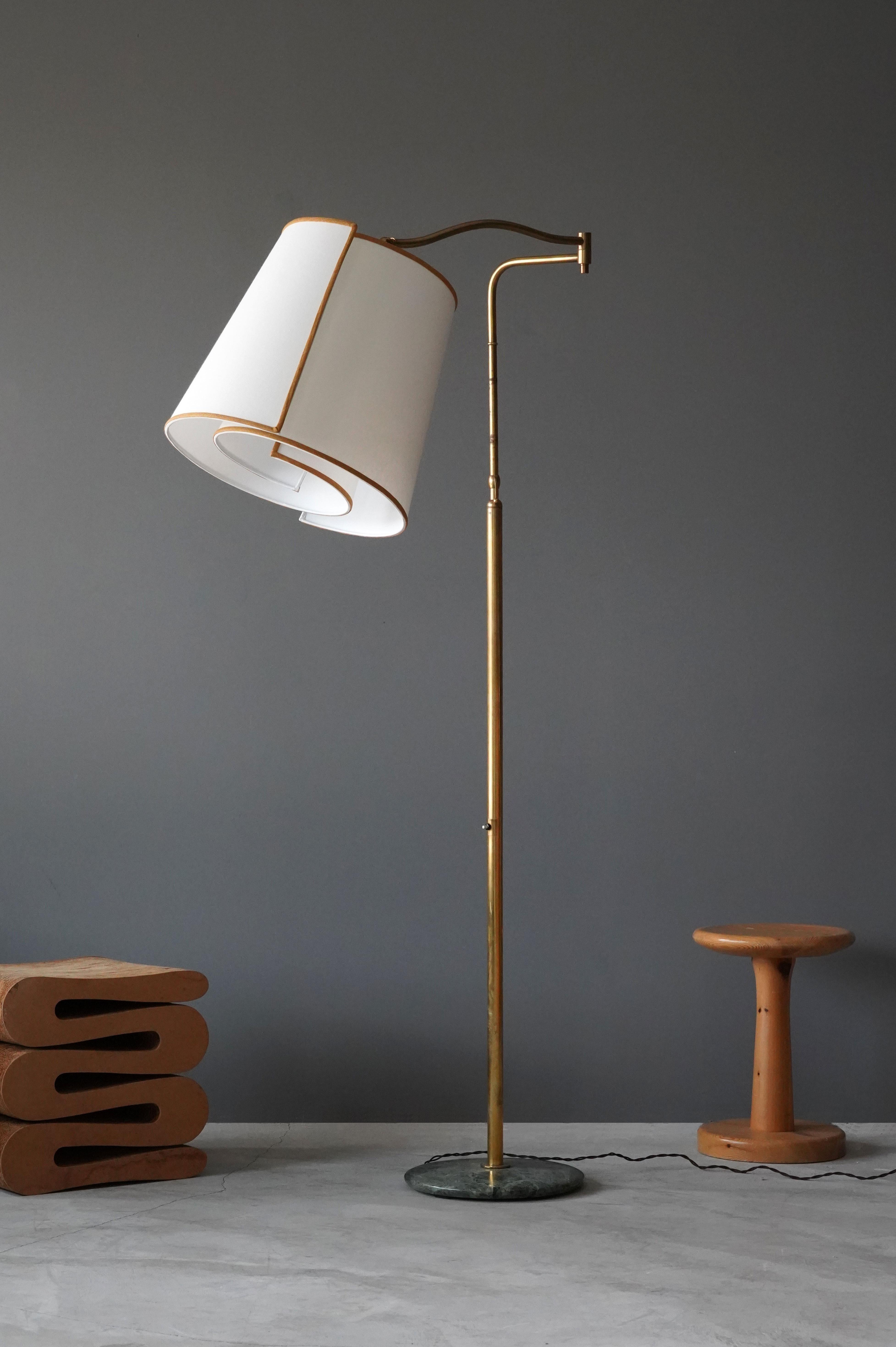 A highly modernist floor lamp. Designed by an unknown Italian designer. Produced in Italy, 1970s. Features brass, marble base, and a custom screen.

Other Italian lighting designers of the period include Angelo Lelii, Max Ingrand, Gino Sarfatti,