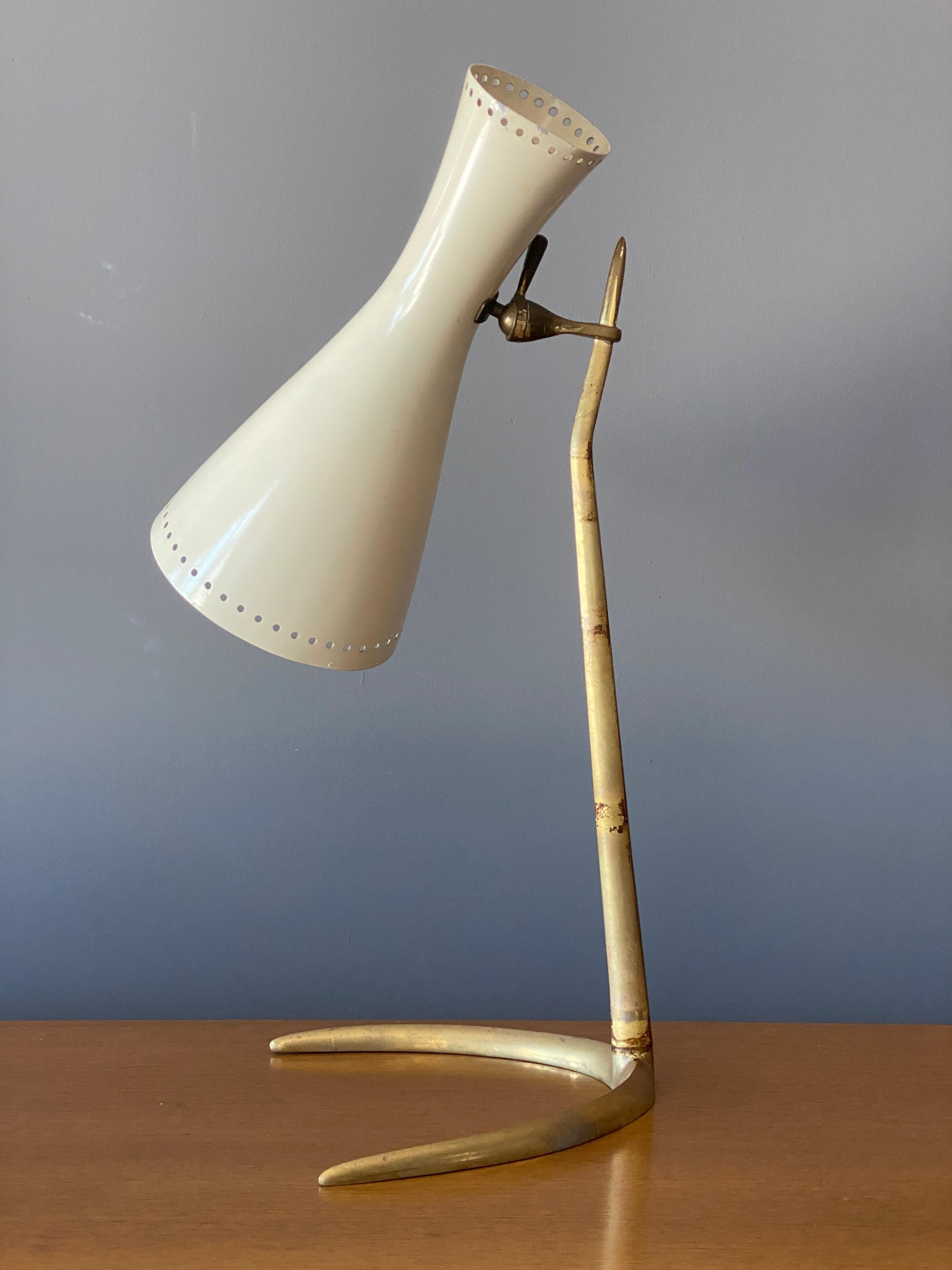 Mid-Century Modern Italian Modernist Designer, Adjustable Table Lamp, Brass, Lacquered Metal, 1950s