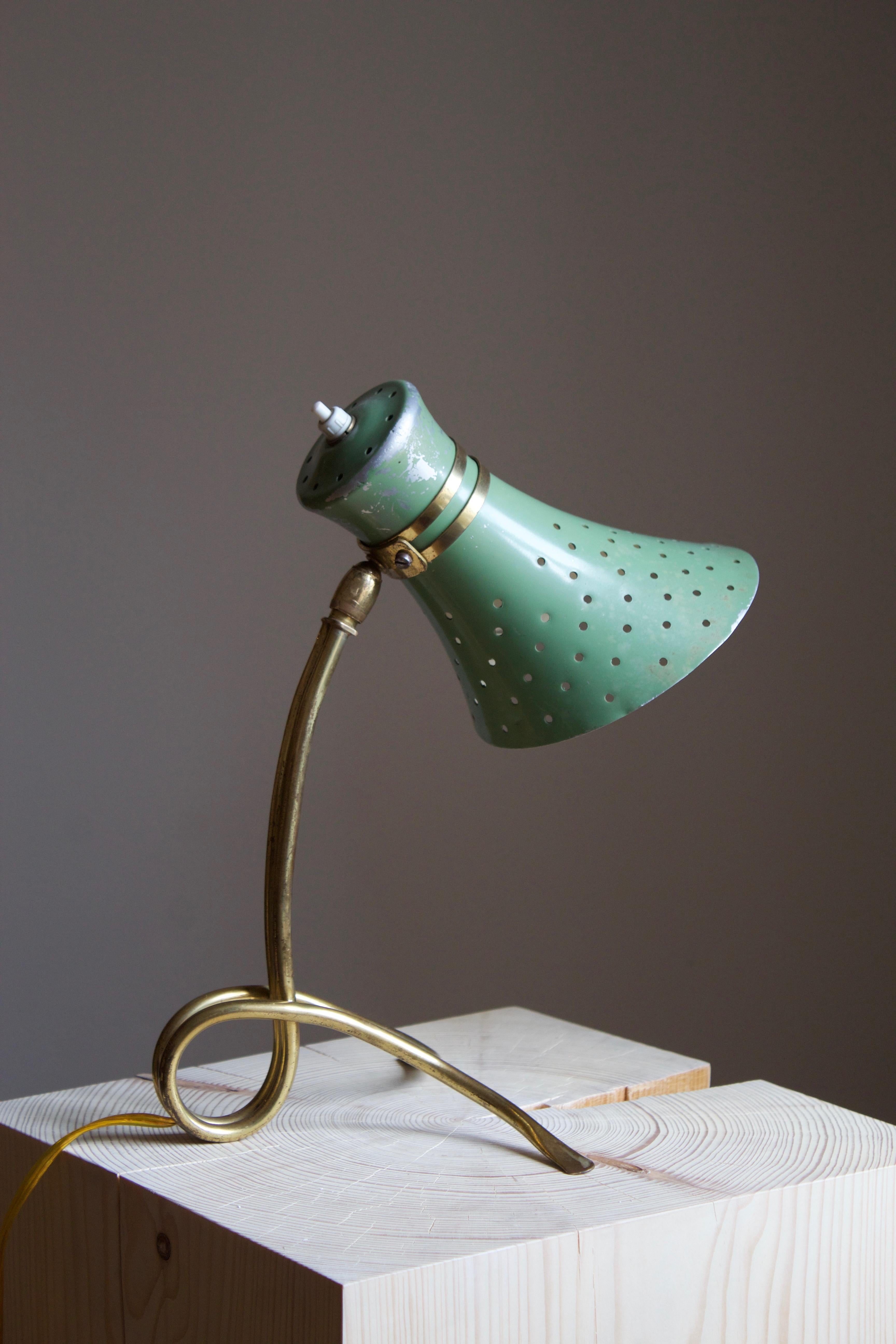 Italian Modernist Designer, Adjustable Table Lamp, Brass, Lacquered Metal, 1950s In Fair Condition In High Point, NC