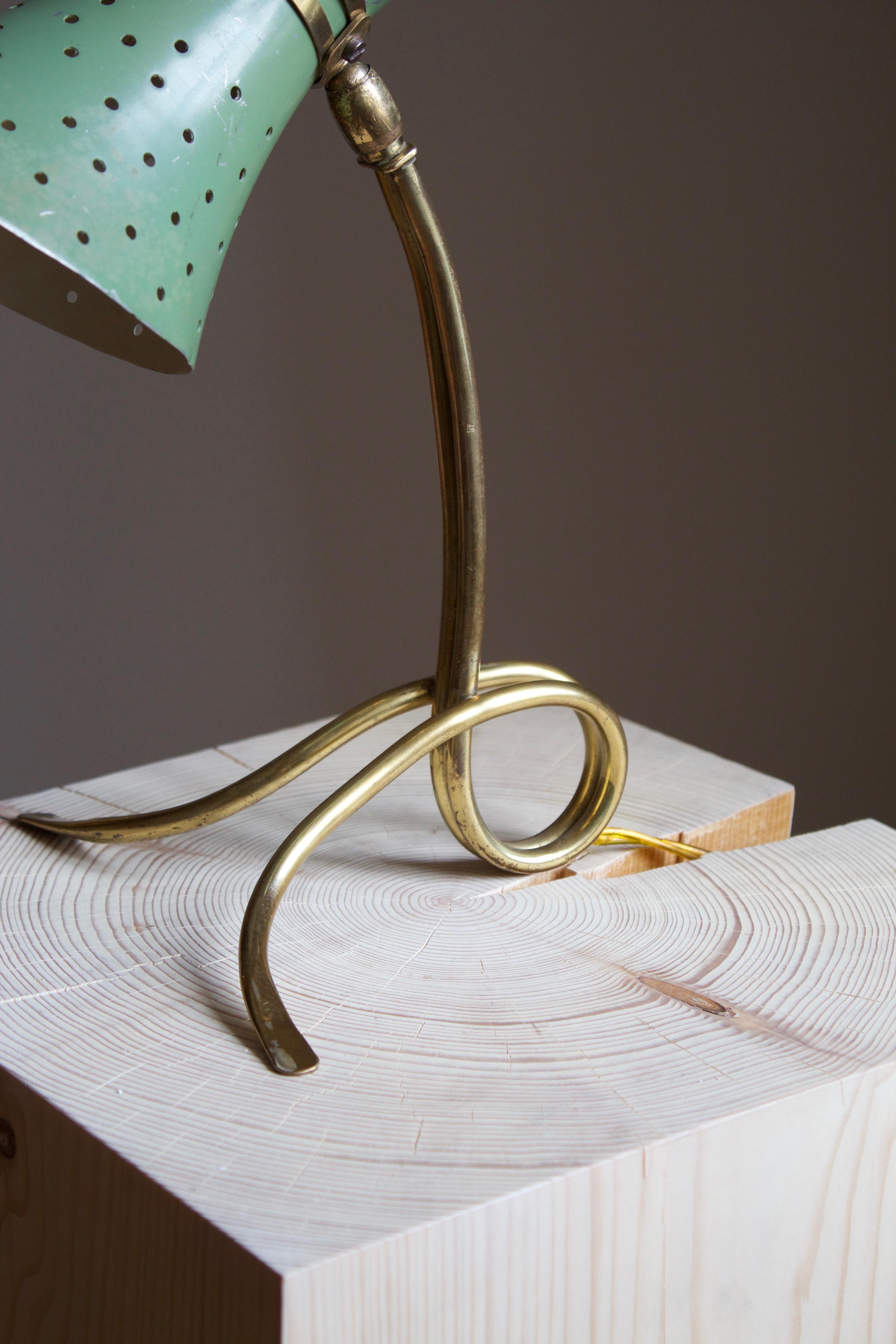 Mid-20th Century Italian Modernist Designer, Adjustable Table Lamp, Brass, Lacquered Metal, 1950s
