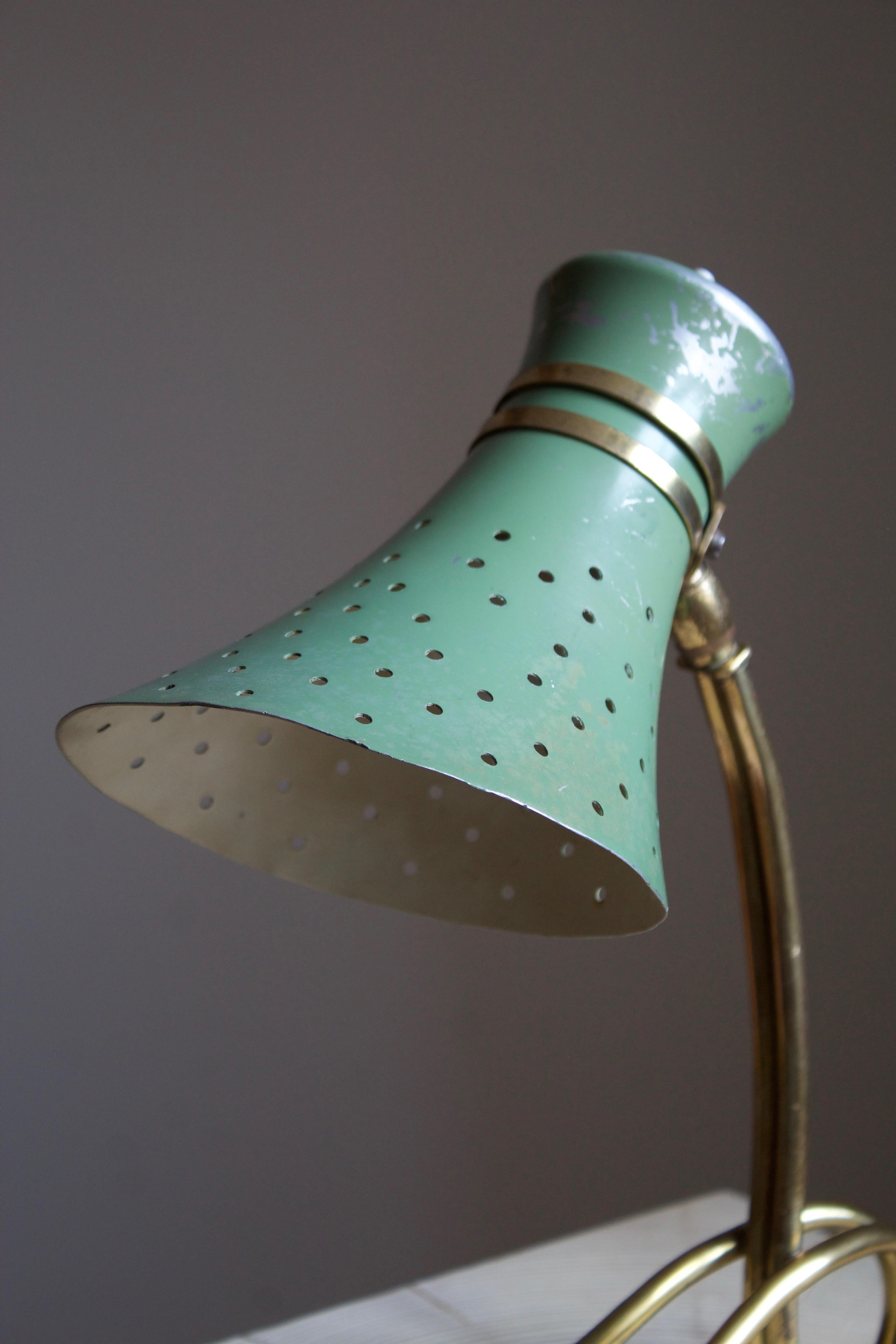 Italian Modernist Designer, Adjustable Table Lamp, Brass, Lacquered Metal, 1950s 1