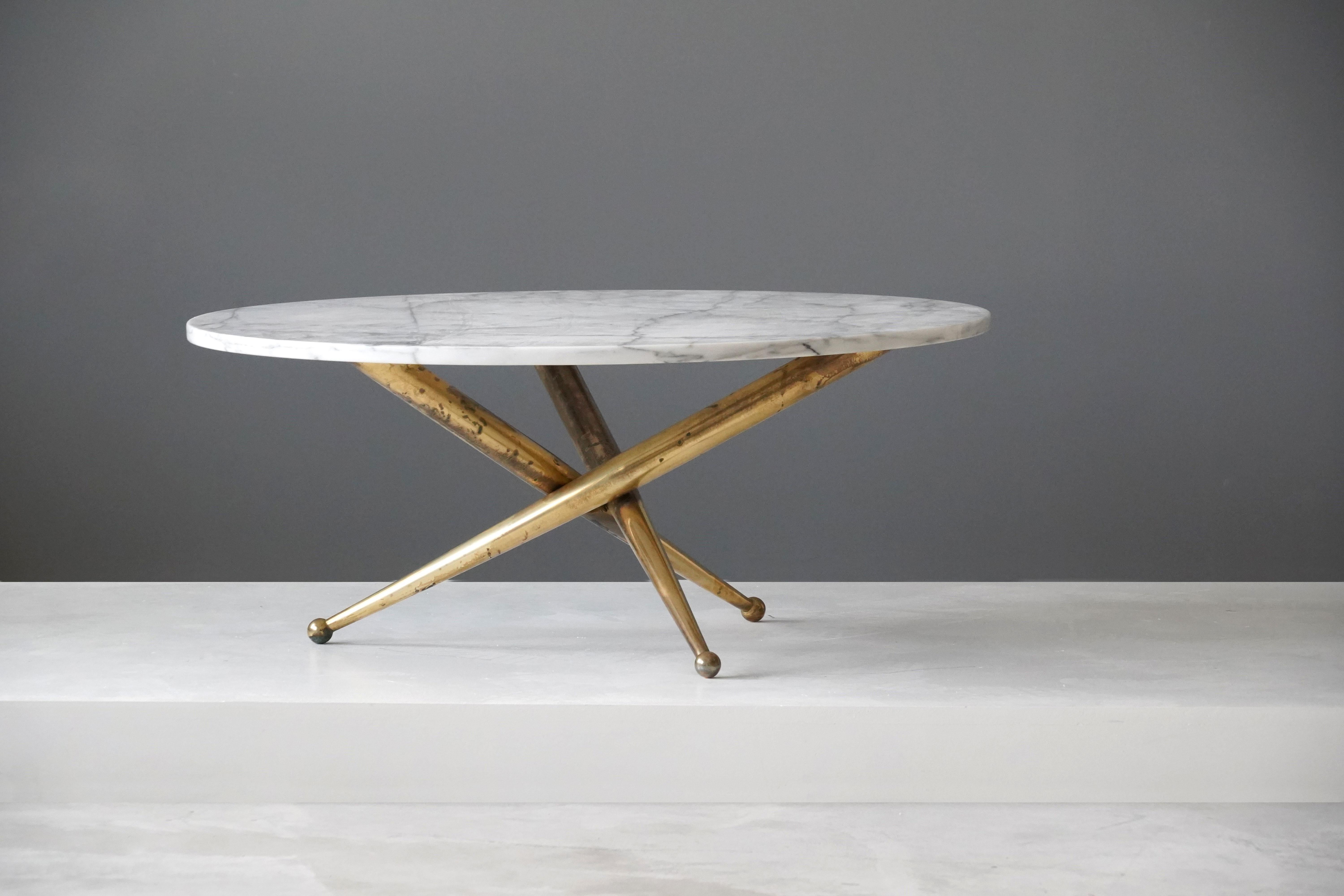 Mid-Century Modern Italian Modernist Designer, Coffee / Cocktail Table, Marble, Brass, 1960s, Italy