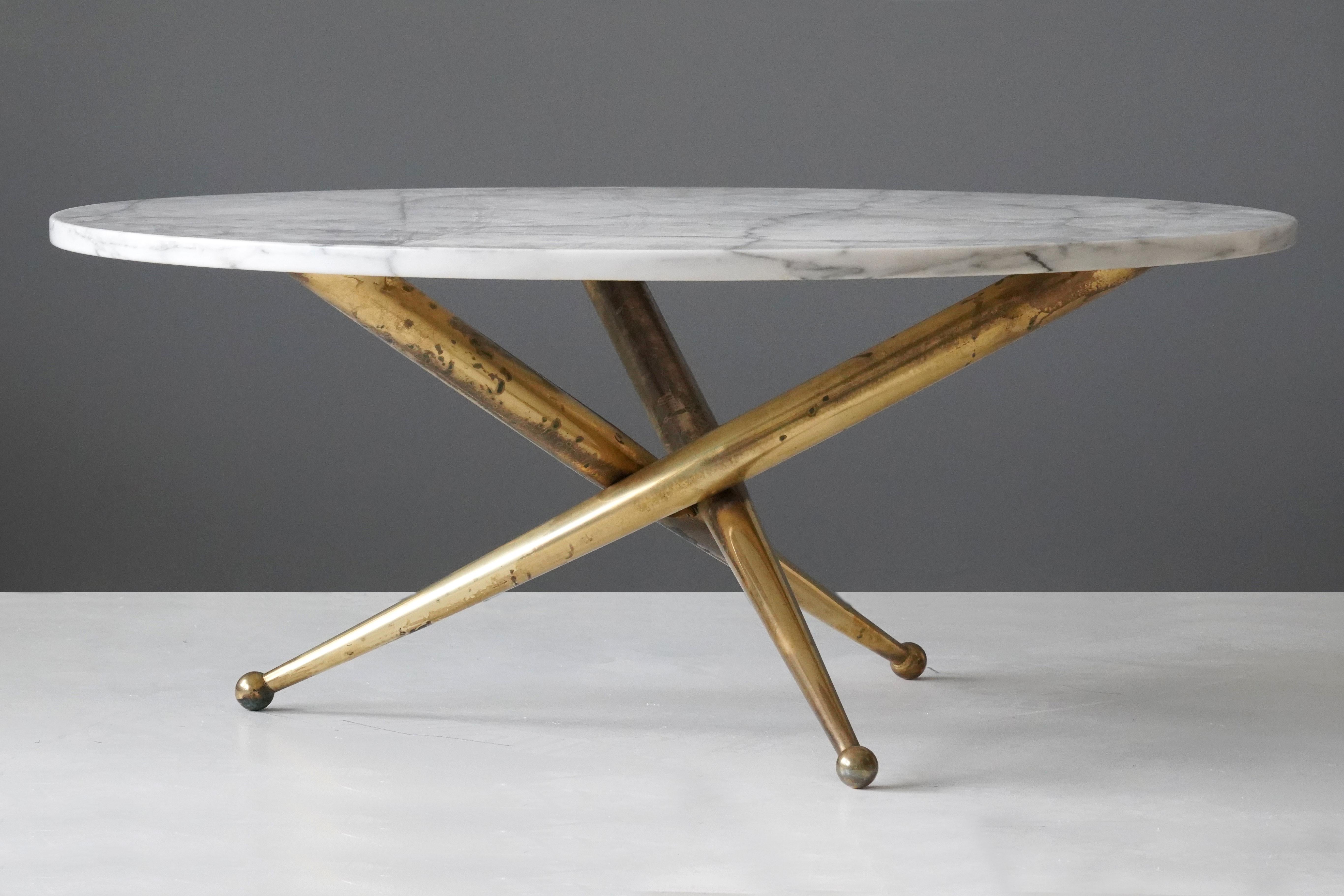 Mid-20th Century Italian Modernist Designer, Coffee / Cocktail Table, Marble, Brass, 1960s, Italy