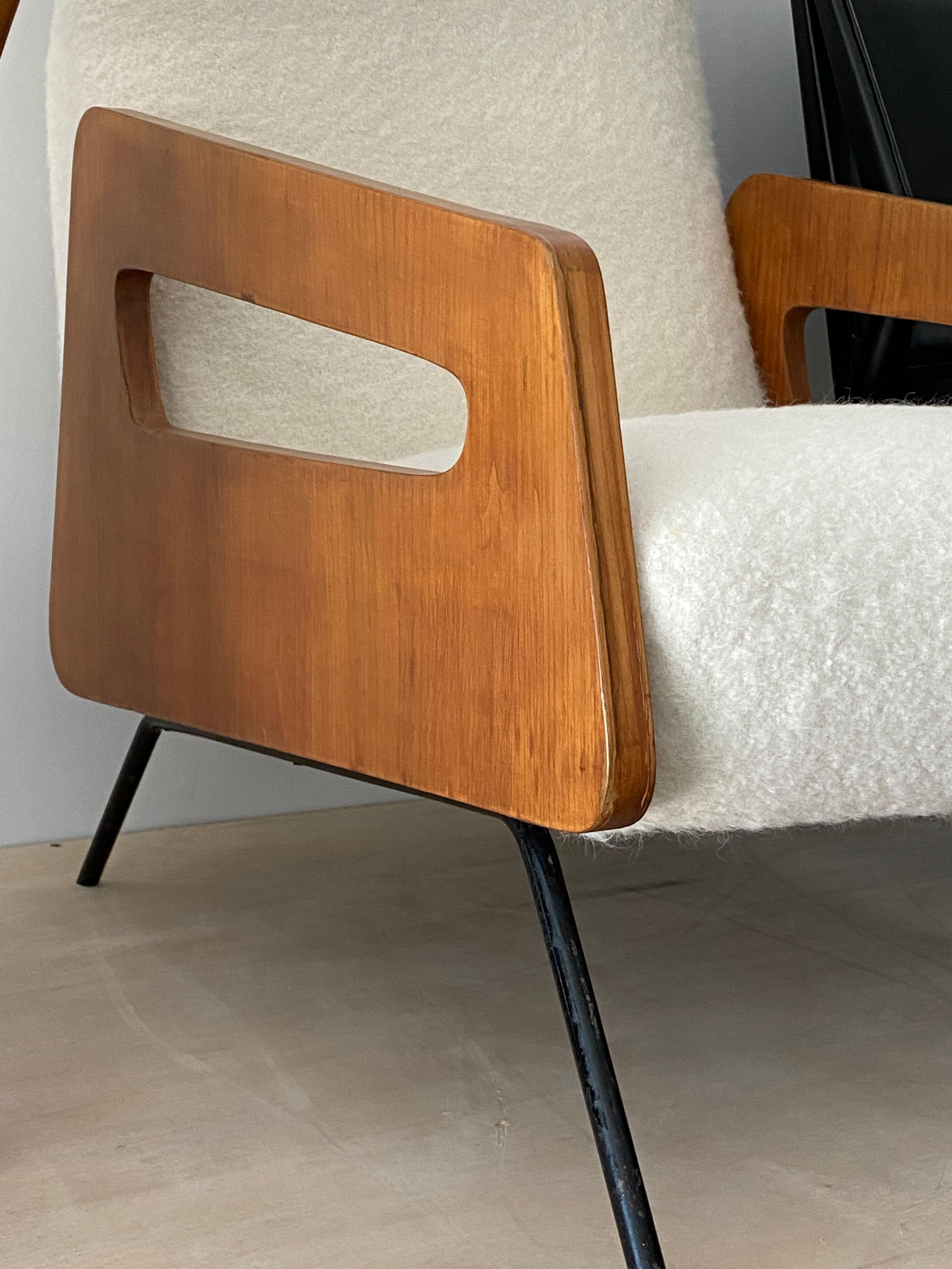 Mid-Century Modern Italian Modernist Designer, Lounge Chair, Bouclé, Wood, Metal, 1950s