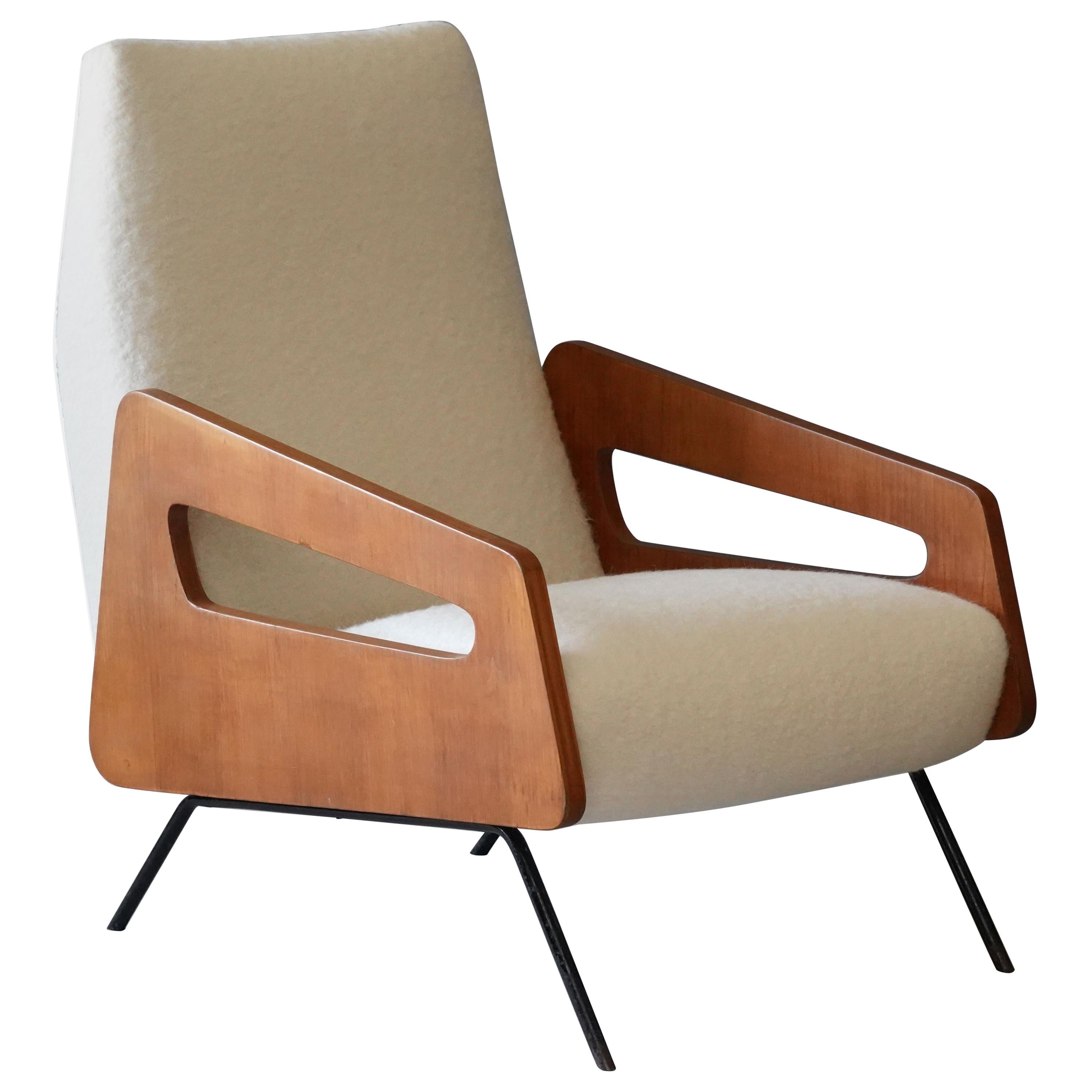 Italian Modernist Designer, Lounge Chair, Bouclé, Wood, Metal, 1950s