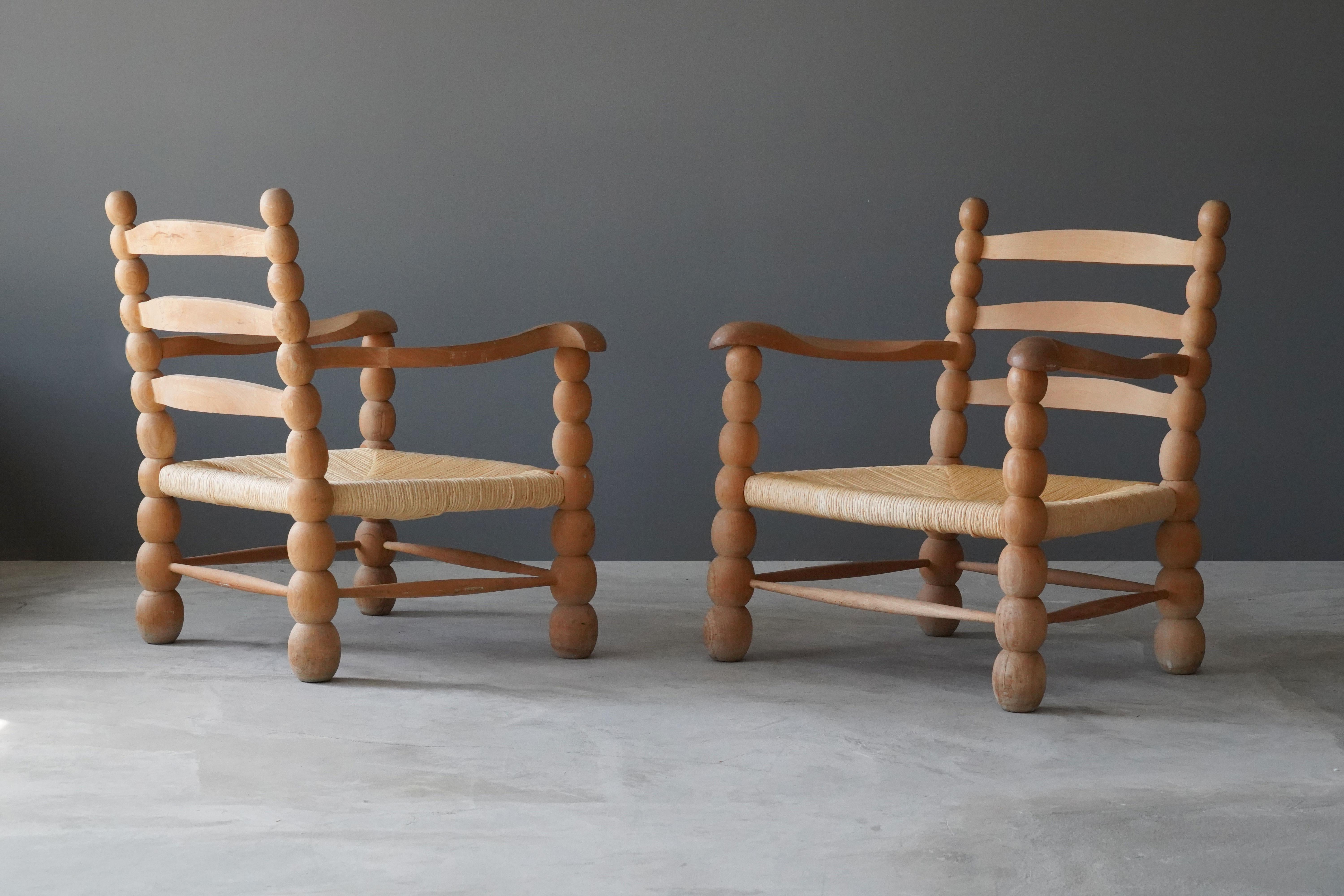 Mid-Century Modern Italian Modernist Designer, Lounge Chairs, Beech, Rattan, Italy, 1960s