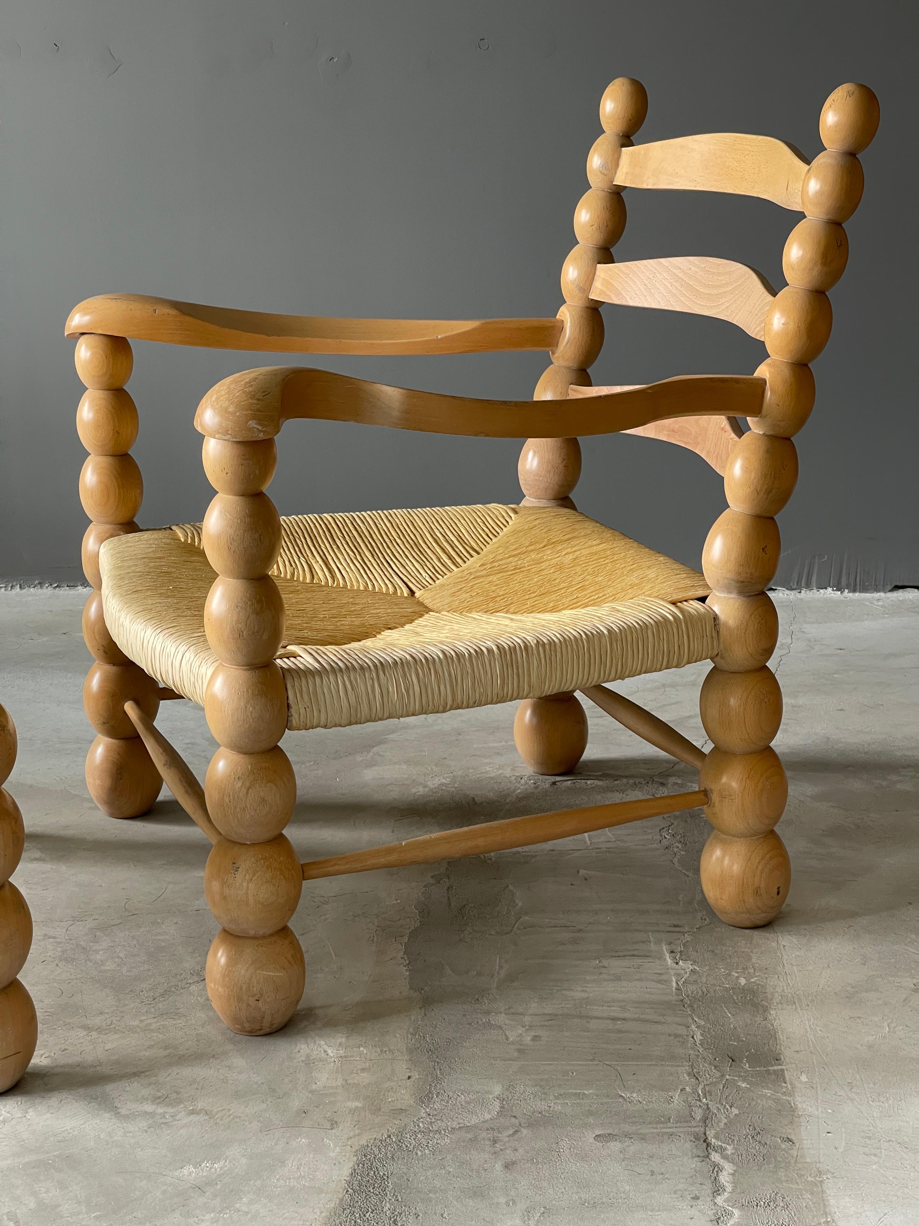 Mid-Century Modern Italian Modernist Designer, Lounge Chairs ottoman, Beech, Rattan, Italy, 1960s