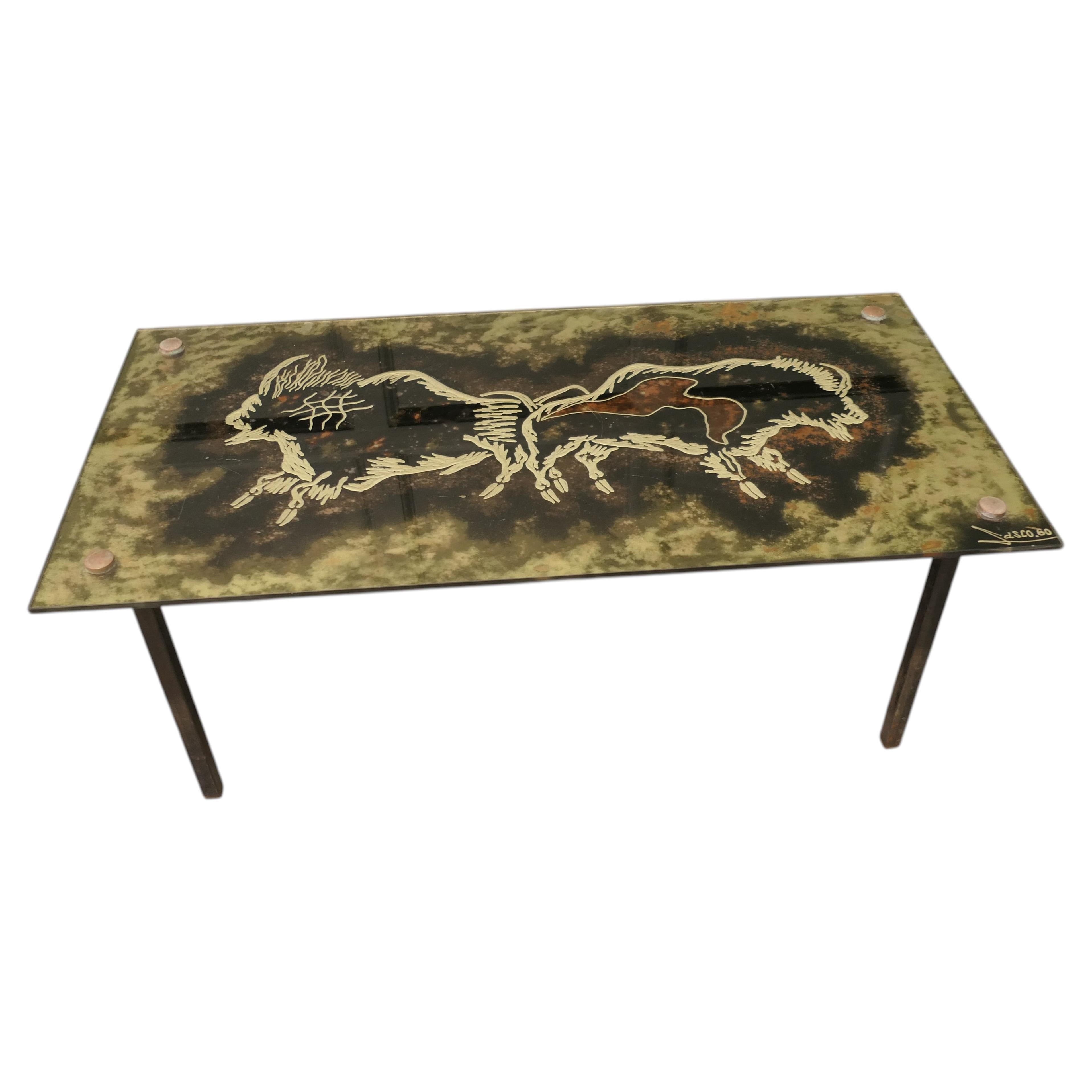 Italian Modernist Eglomisé Glass Top Coffee Table. For Sale
