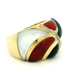 Italian Modernist Gemstone Inlay Diamond Ring in 14 Karat Yellow Gold