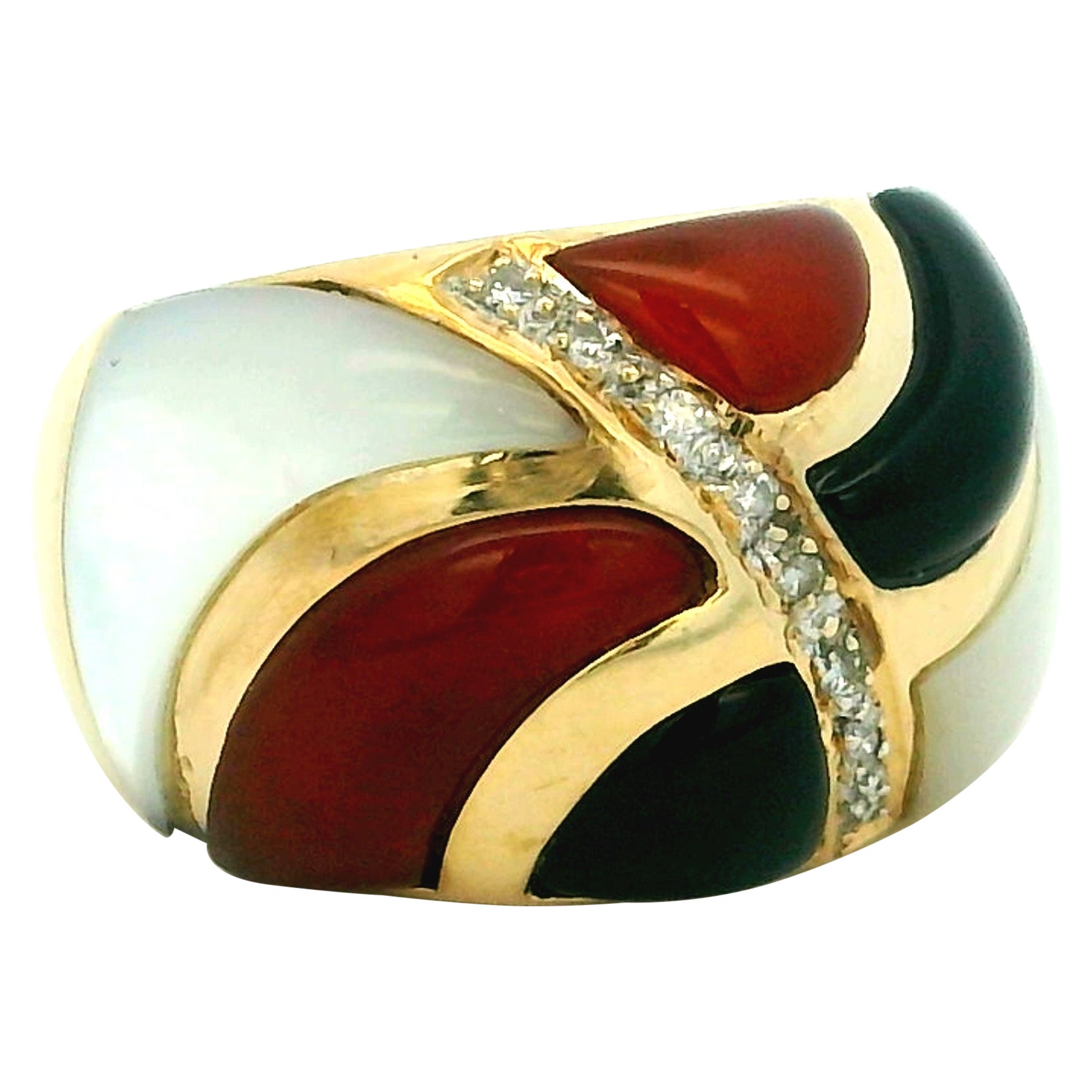 Italian Modernist Gemstone Inlay Diamond Ring in 14 Karat Yellow Gold For Sale