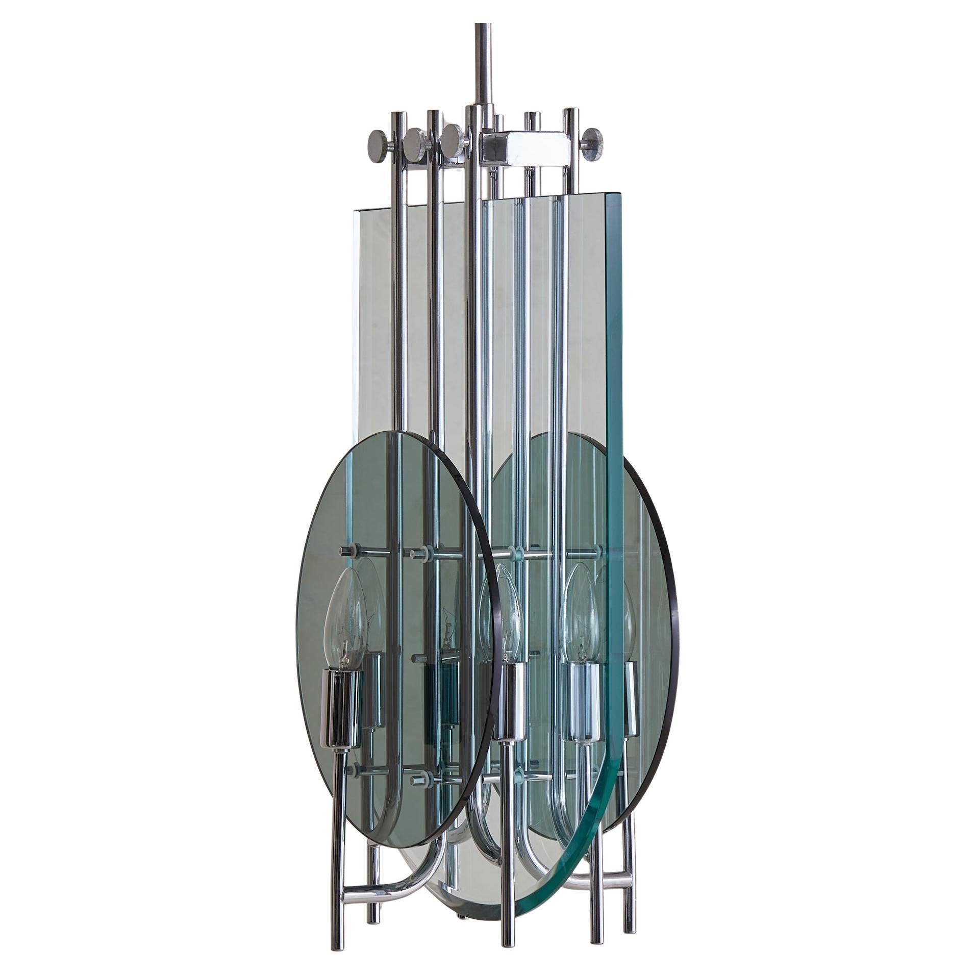 Italian Modernist Glass + Chrome Pendant Attributed to Pietro Chiesa, 1960s For Sale