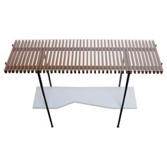 Italian Modernist Glass Top Console Table in Lacquered Steel and Walnut