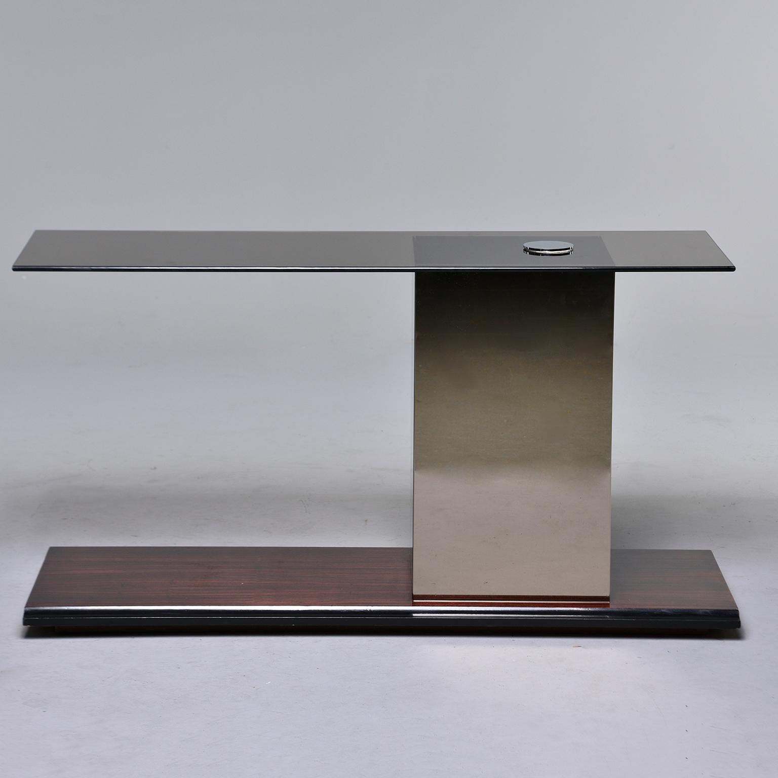Mid-Century Modern Italian Modernist Glass Top Console with Mirrored Support and Walnut Base