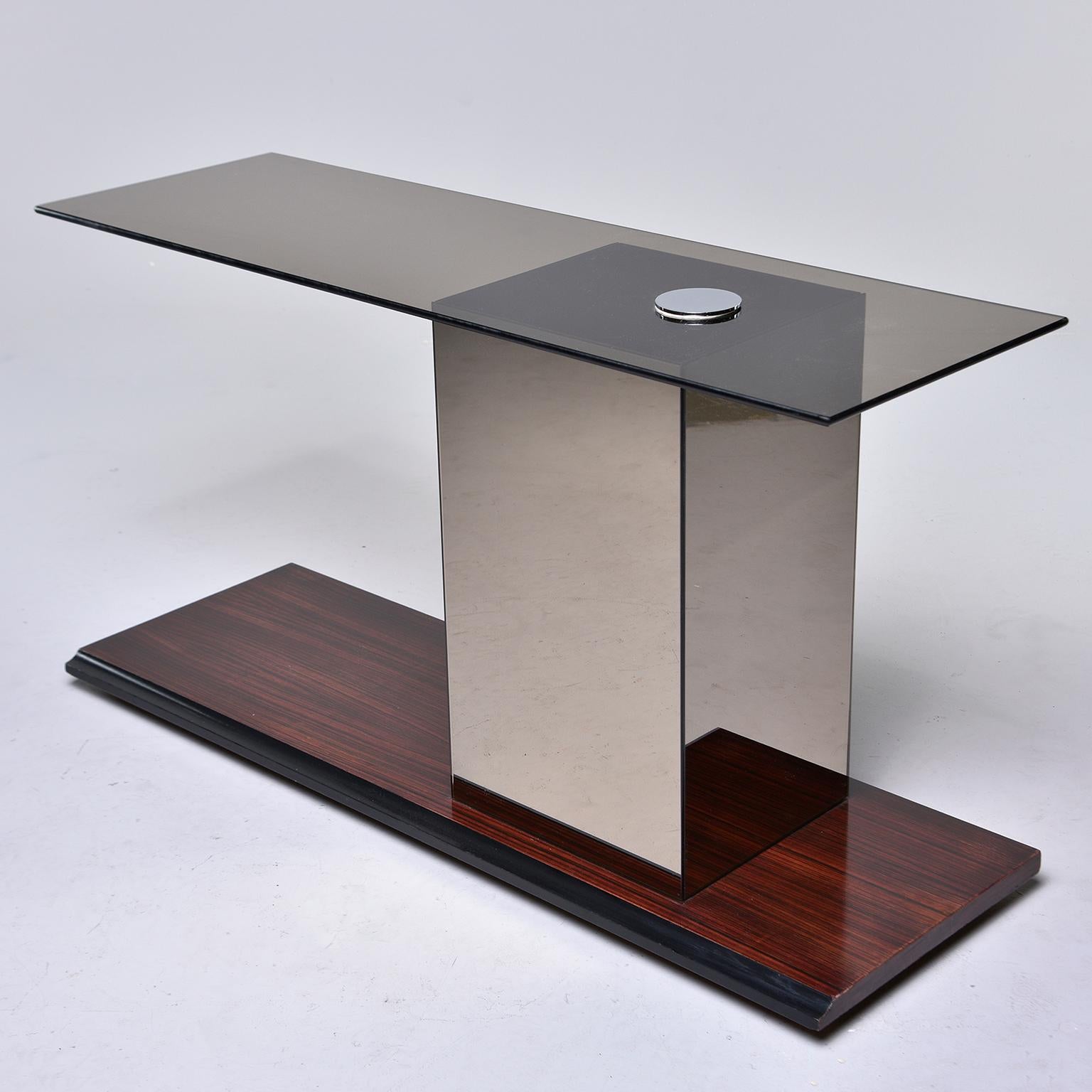 Italian Modernist Glass Top Console with Mirrored Support and Walnut Base In Good Condition In Troy, MI