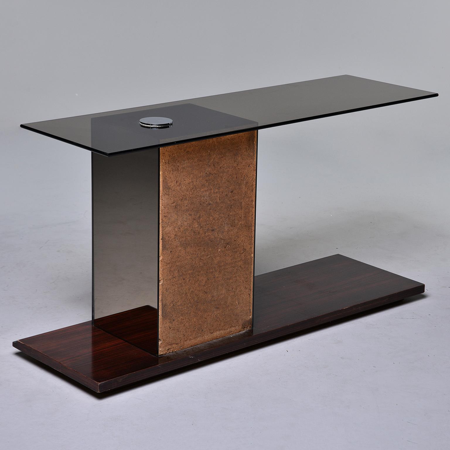 Italian Modernist Glass Top Console with Mirrored Support and Walnut Base 1