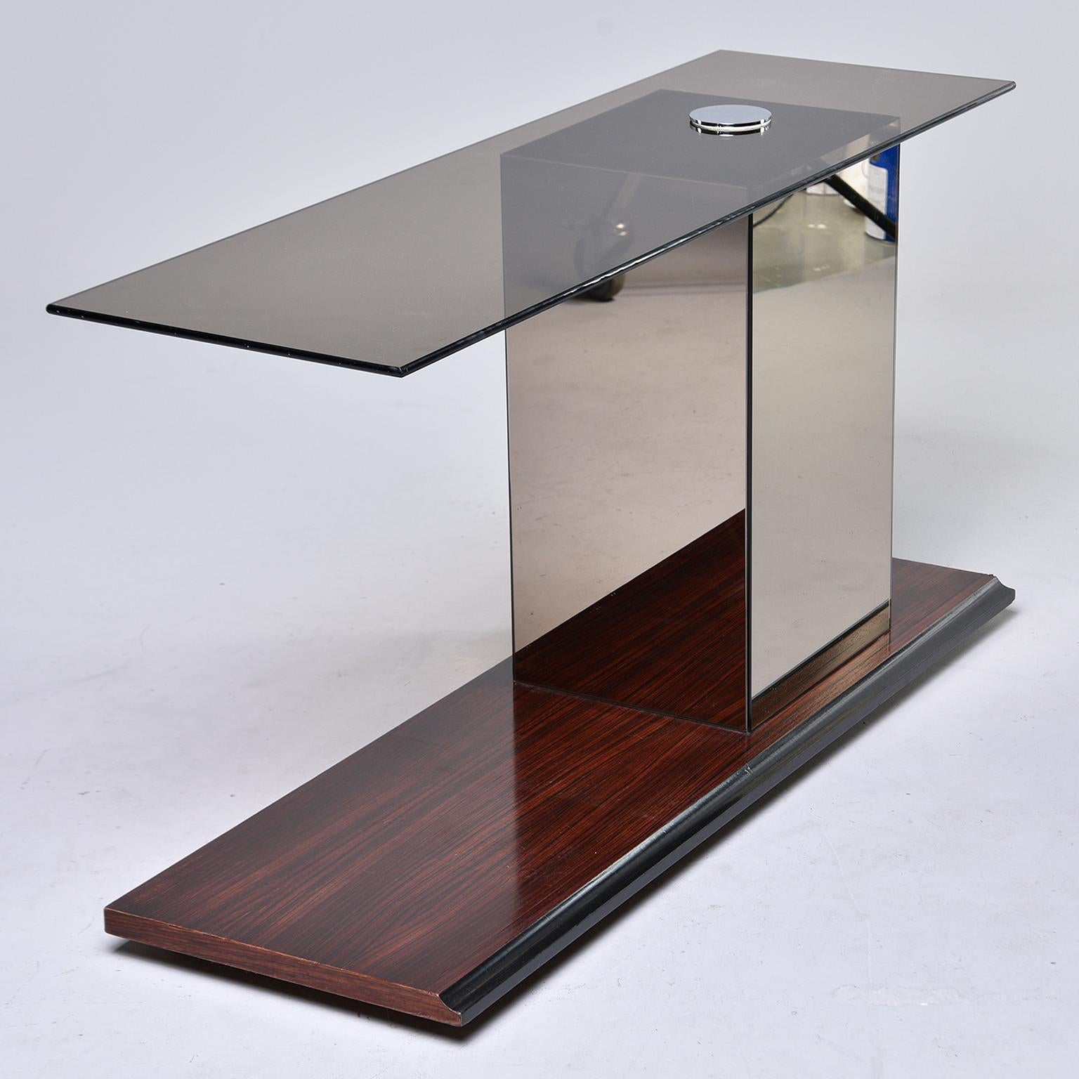 Italian Modernist Glass Top Console with Mirrored Support and Walnut Base 4