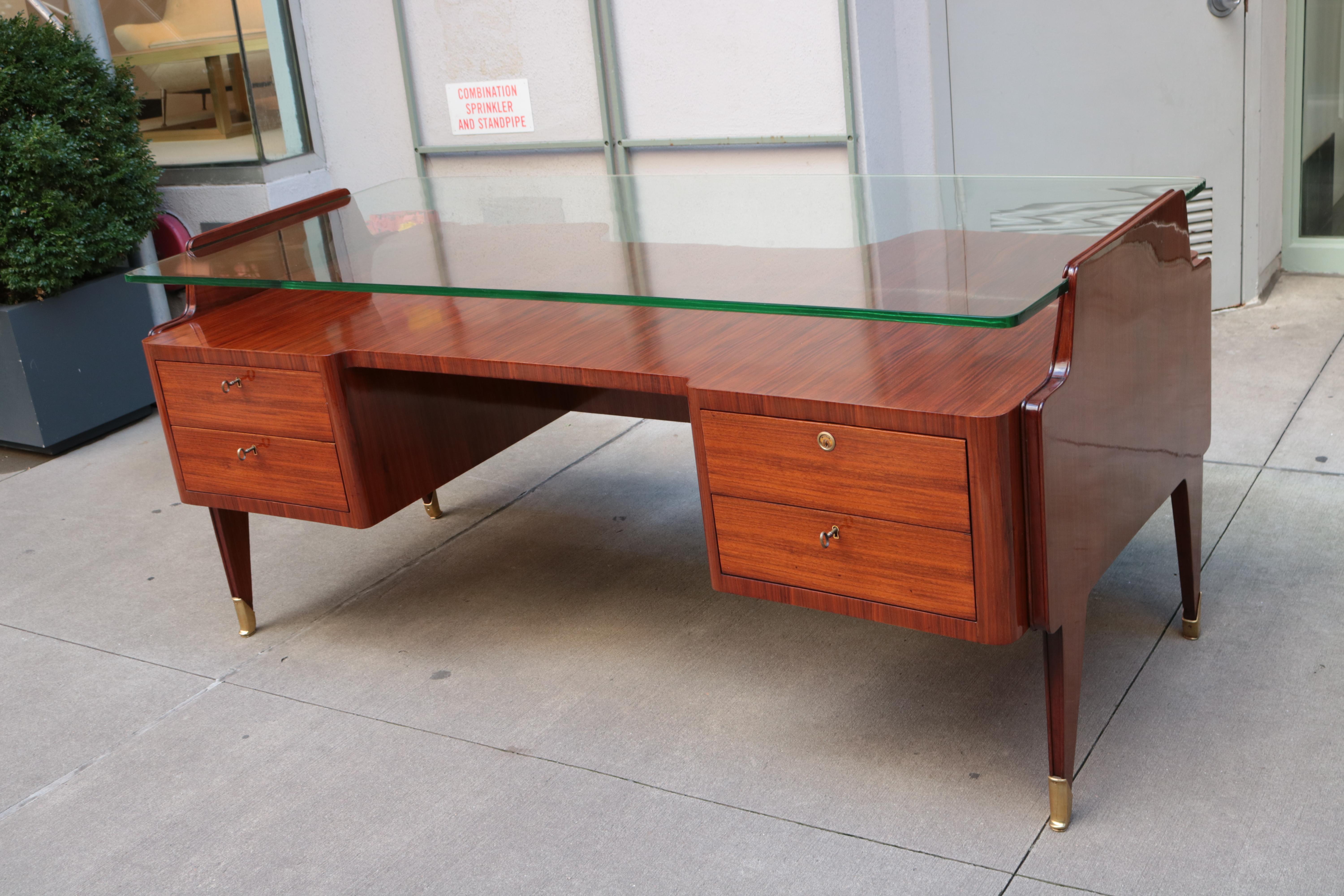 Mahogany Italian Modernist Glass Top Desk For Sale