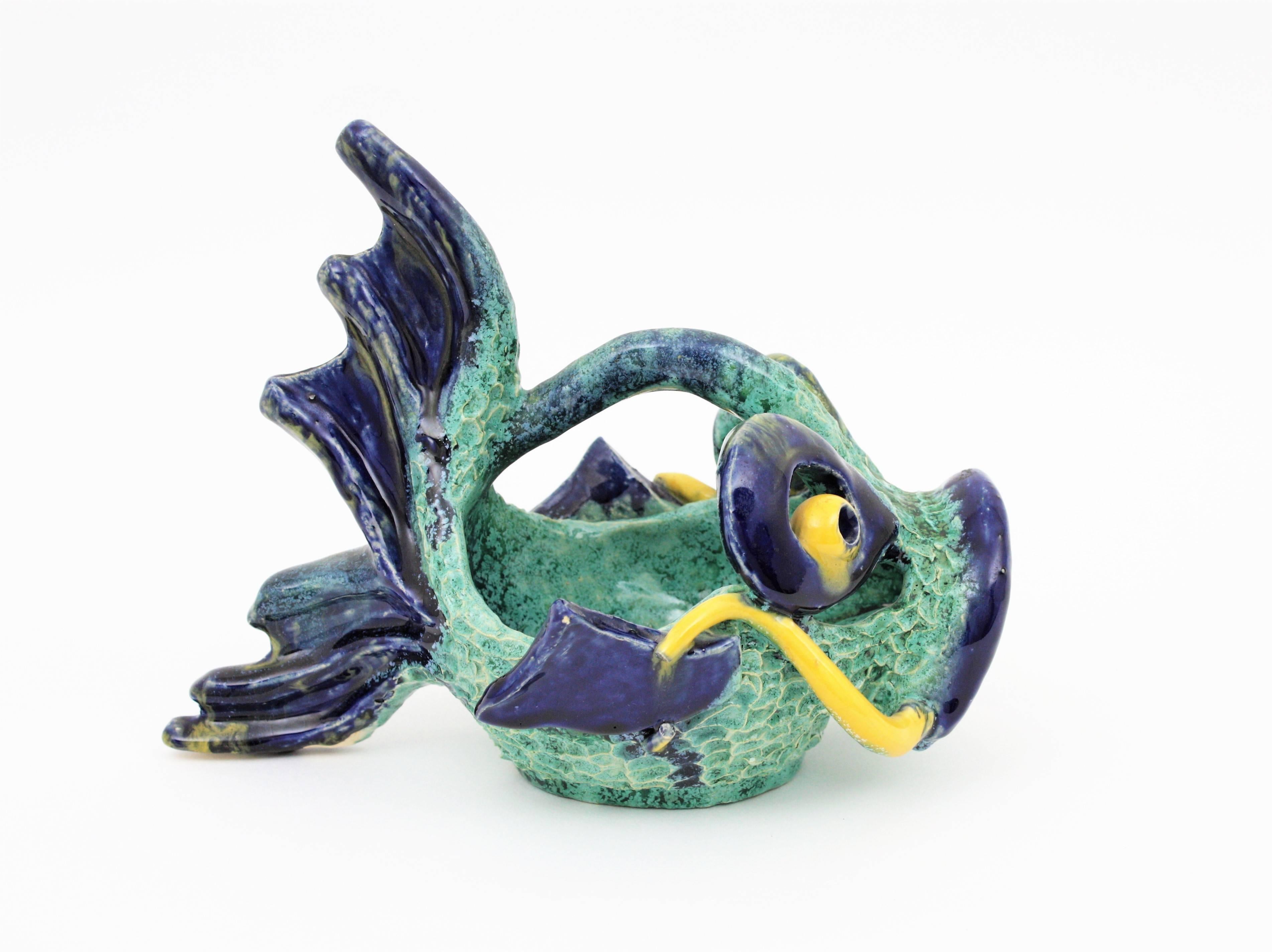 Mid-Century Modern 1950s Italian Glazed Ceramic Fish Shaped Bowl Sculpture For Sale