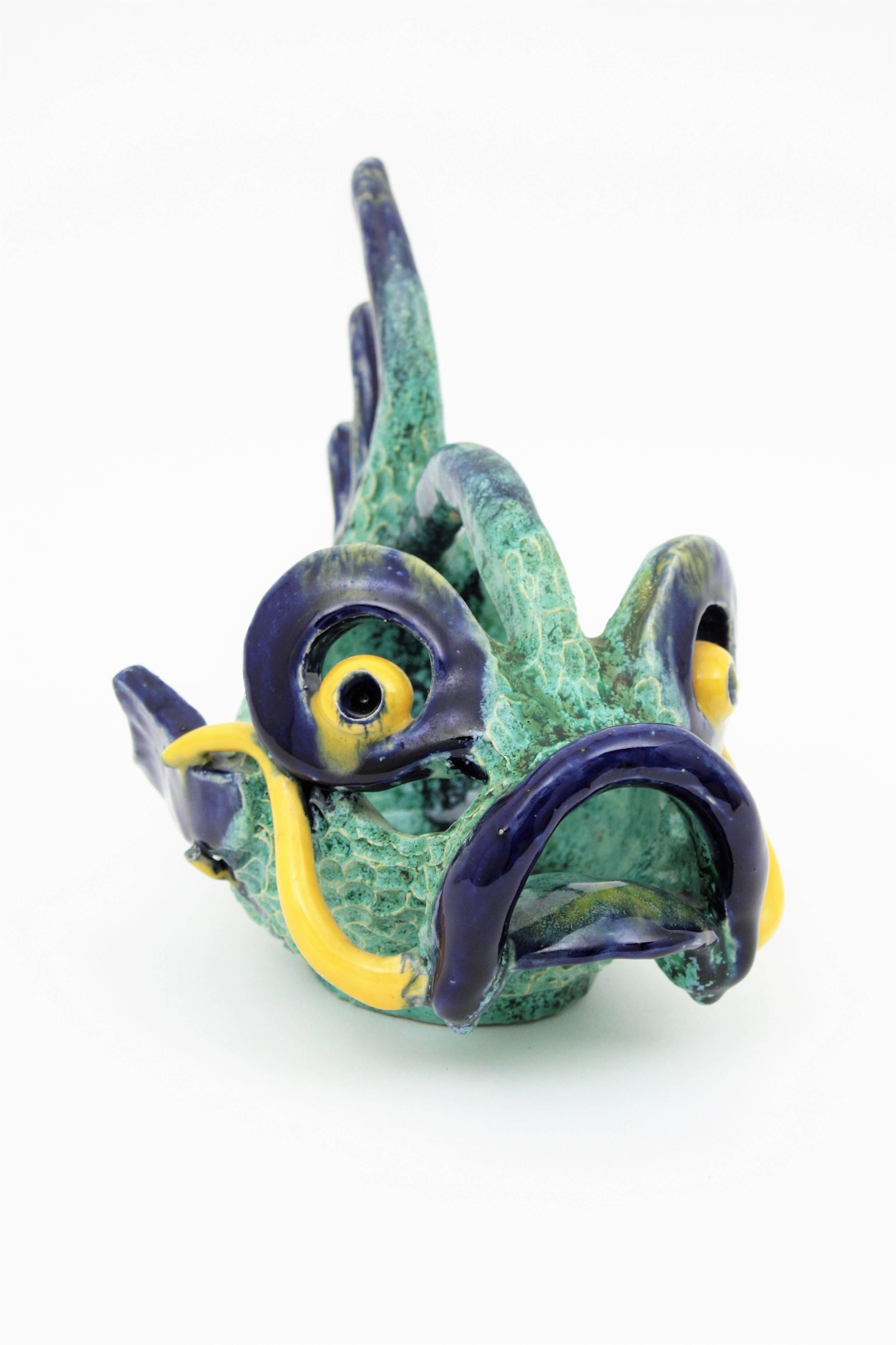 20th Century 1950s Italian Glazed Ceramic Fish Shaped Bowl Sculpture For Sale